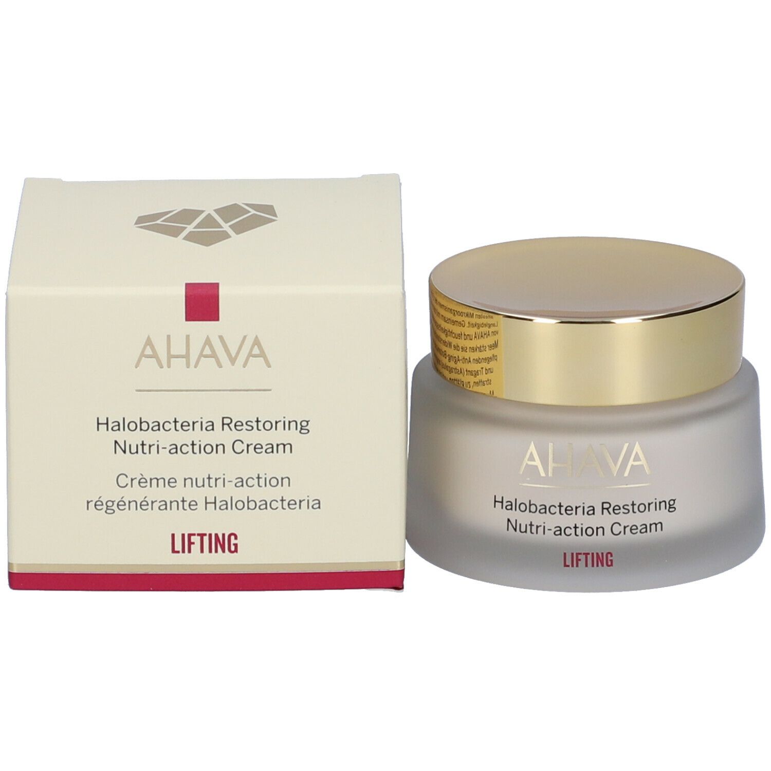 Vaso di crema e confezione. Scritta: AHAVA, Halobacteria Restoring Nutri-action Cream, Lifting.