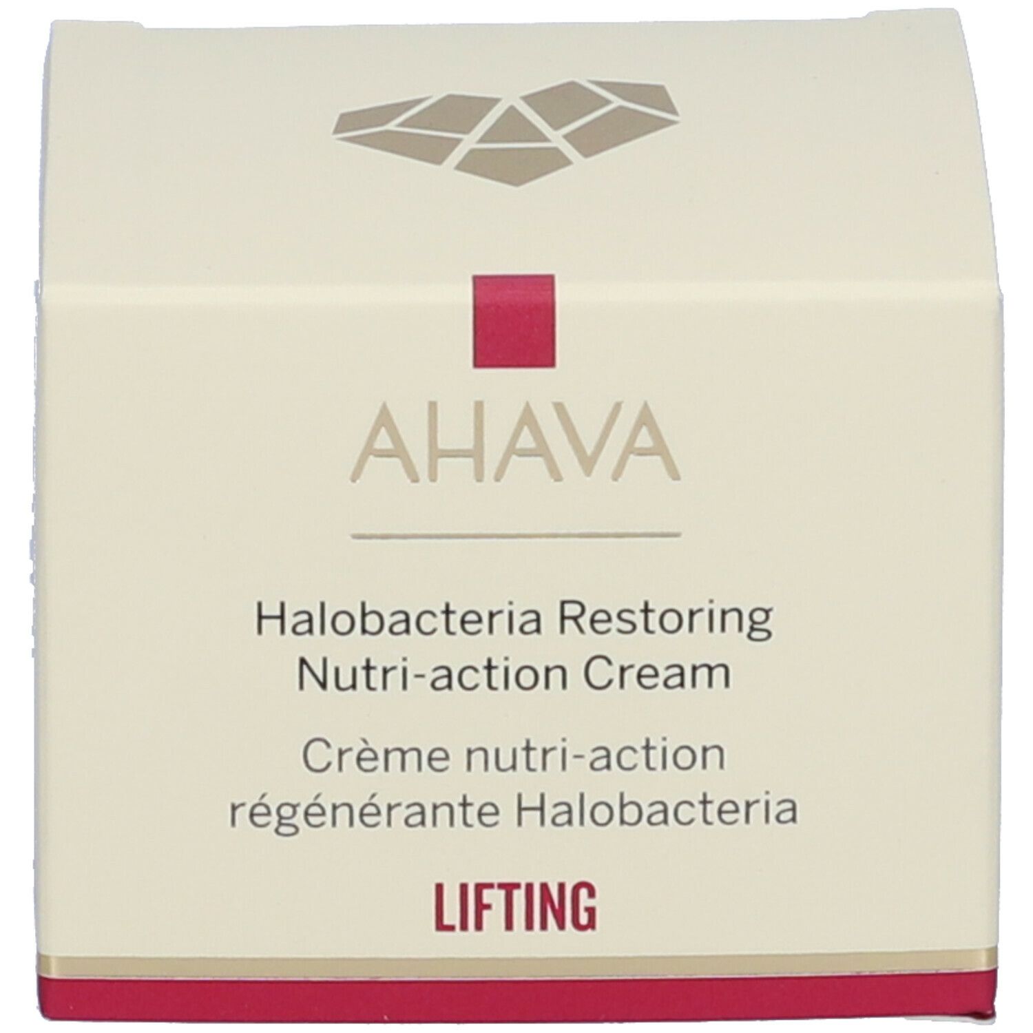 Confezione con scritta: AHAVA, Halobacteria Restoring Nutri-action Cream, Crème nutri-action régénérante Halobacteria, Lifting.