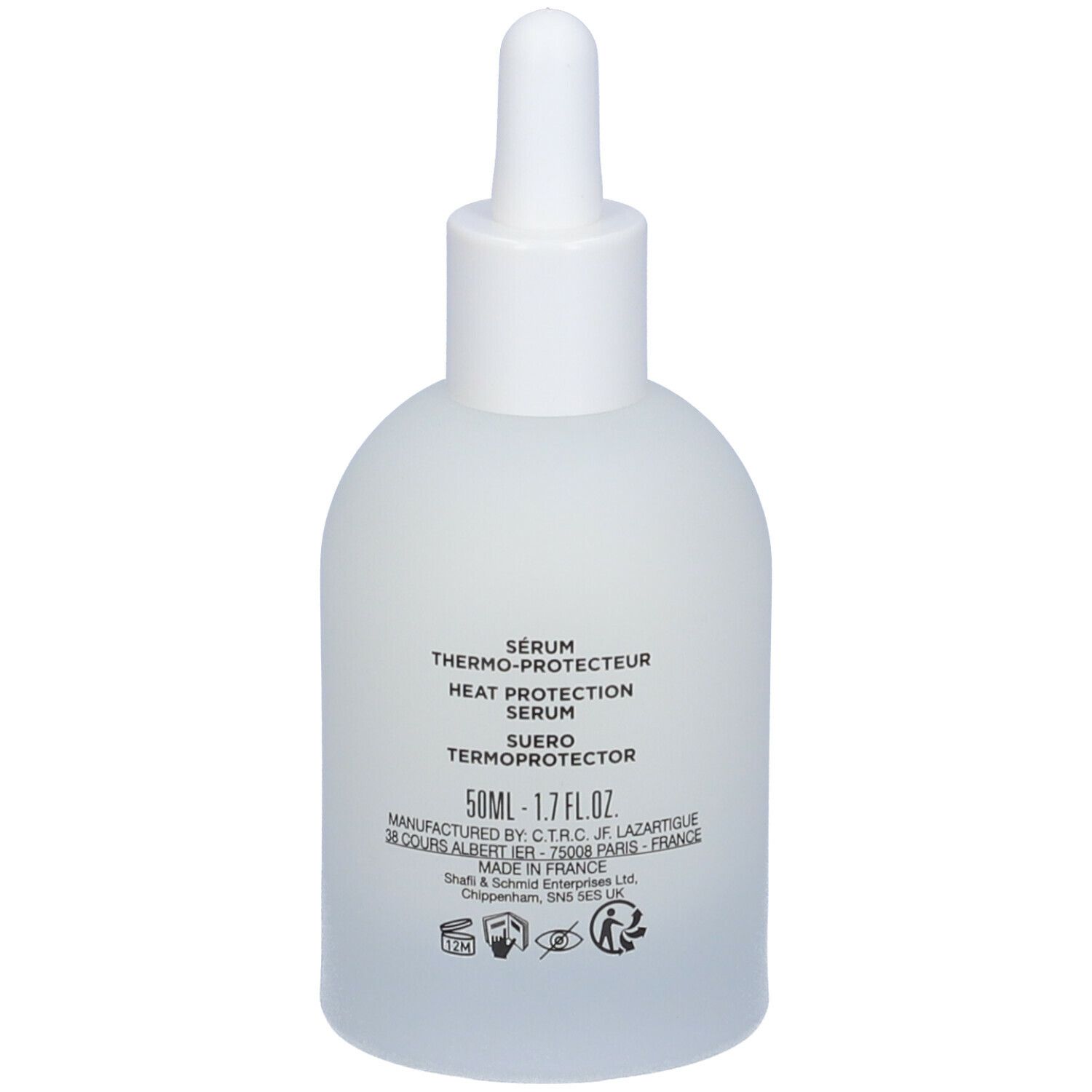 Flacone di siero bianco con contagocce. Retro con testo: SÉRUM THERMO-PROTECTEUR, 50ml.