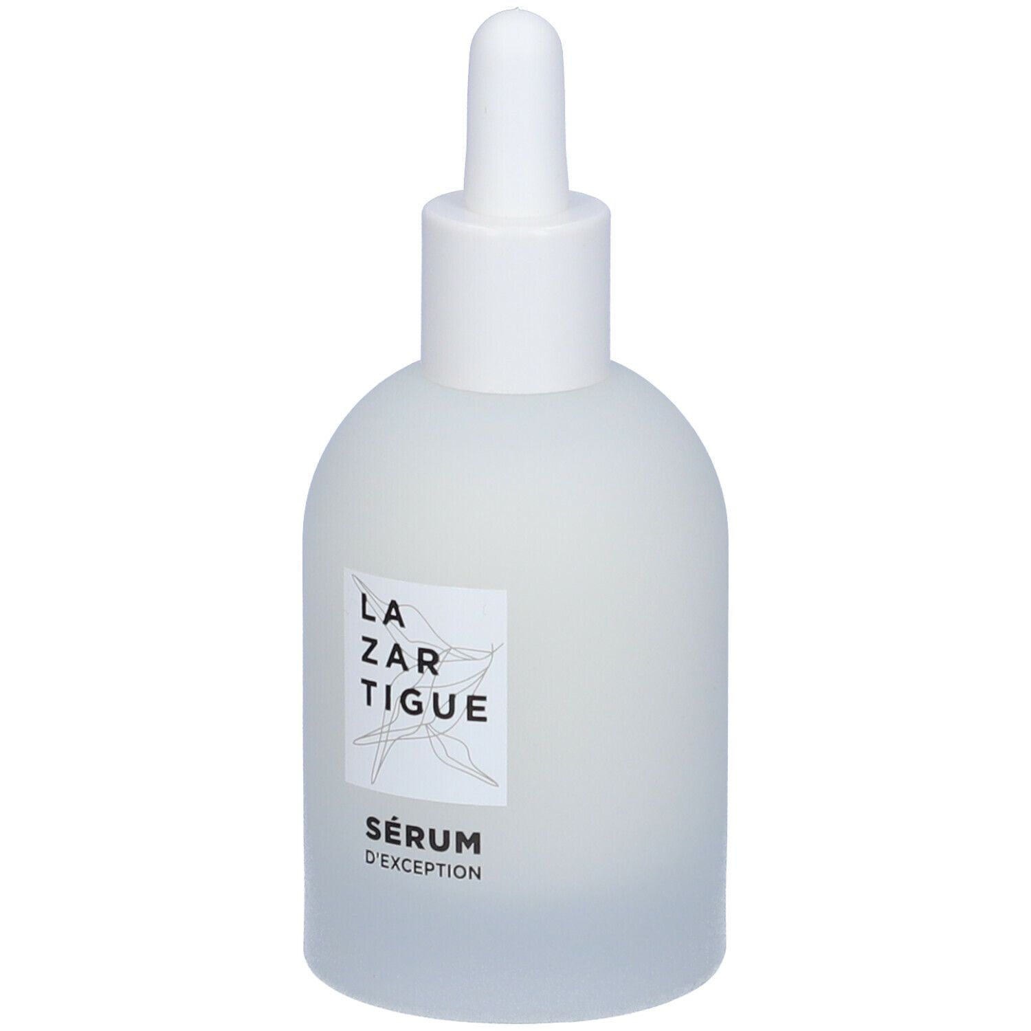 Flacone di siero bianco con contagocce. Etichetta con logo e scritta SÉRUM D'EXCEPTION.