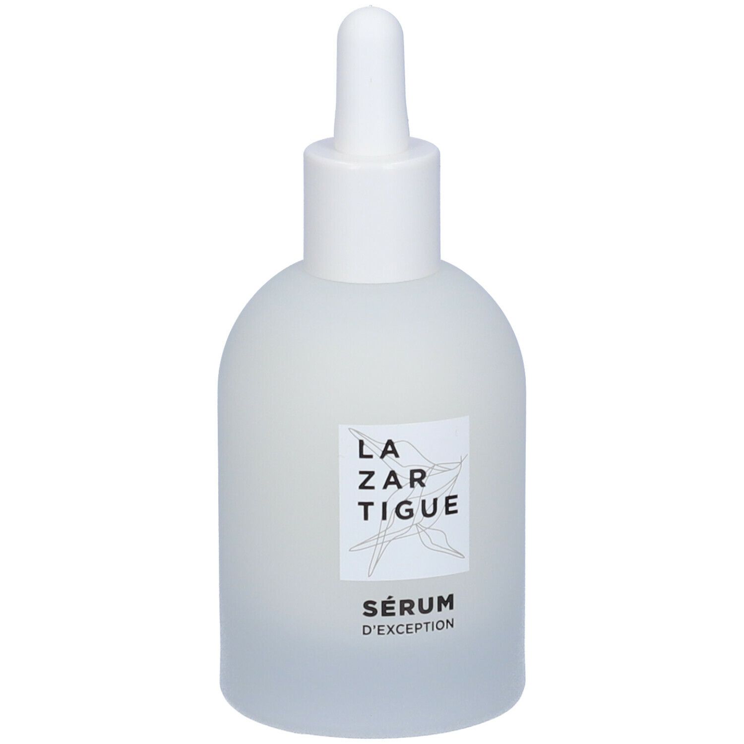 Flacone di siero bianco con contagocce. Etichetta con logo e scritta SÉRUM D'EXCEPTION.
