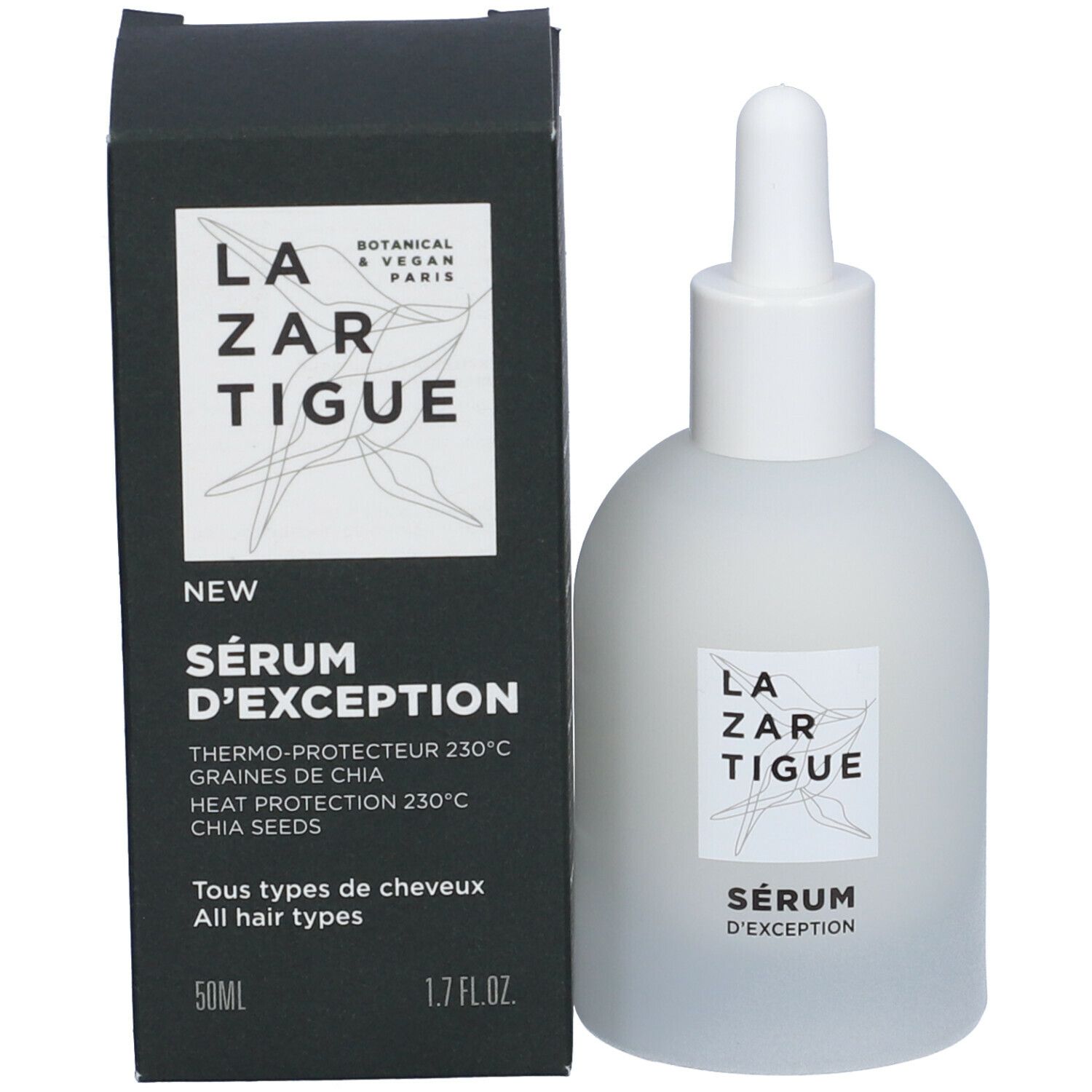 Flacone di siero con contagocce e confezione nera. Scritta: SÉRUM D'EXCEPTION, 50ml.