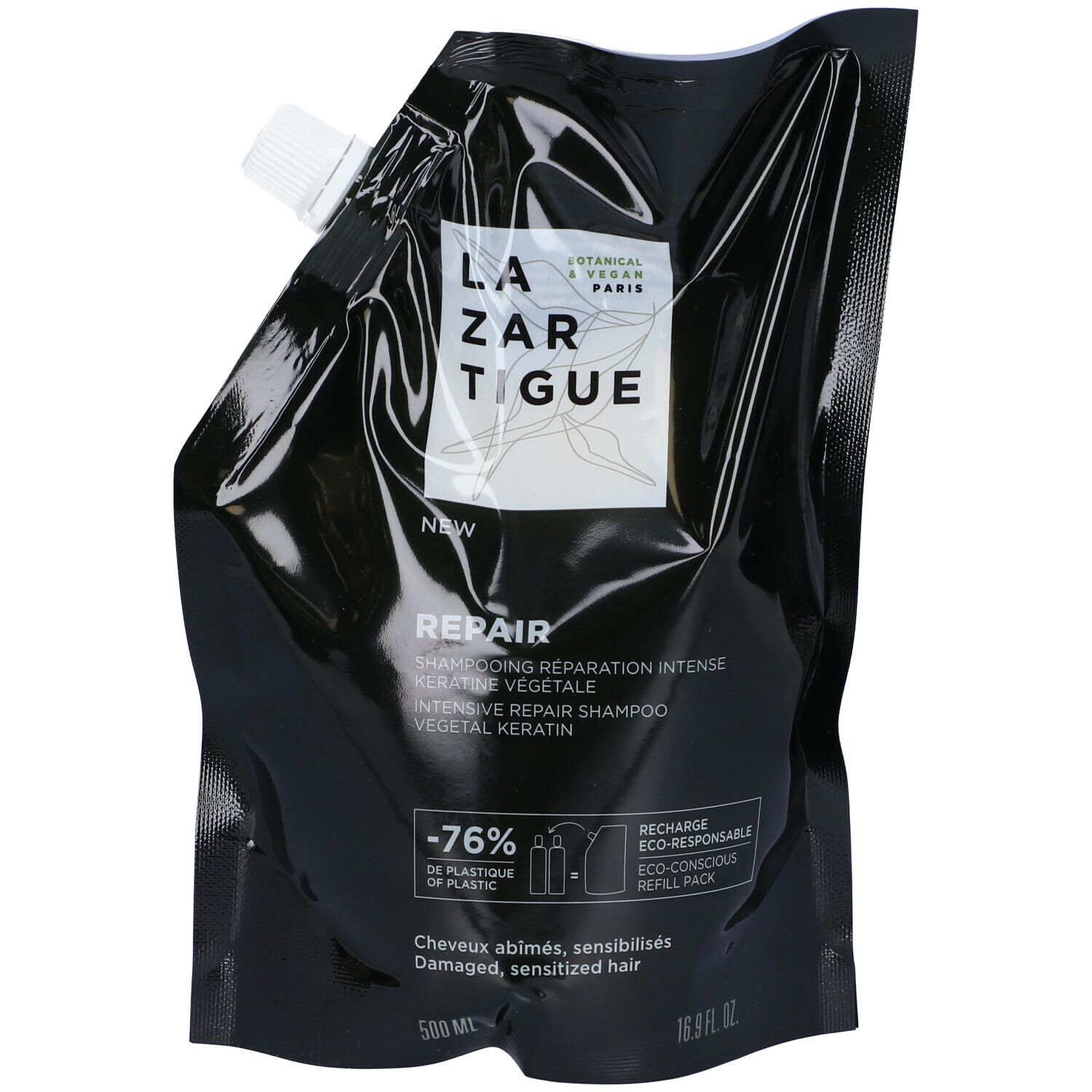 Ricarica nera con tappo bianco. Testo: LAZARTIGUE REPAIR, Shampooing Réparation Intense, -76% plastica. 500 ml.