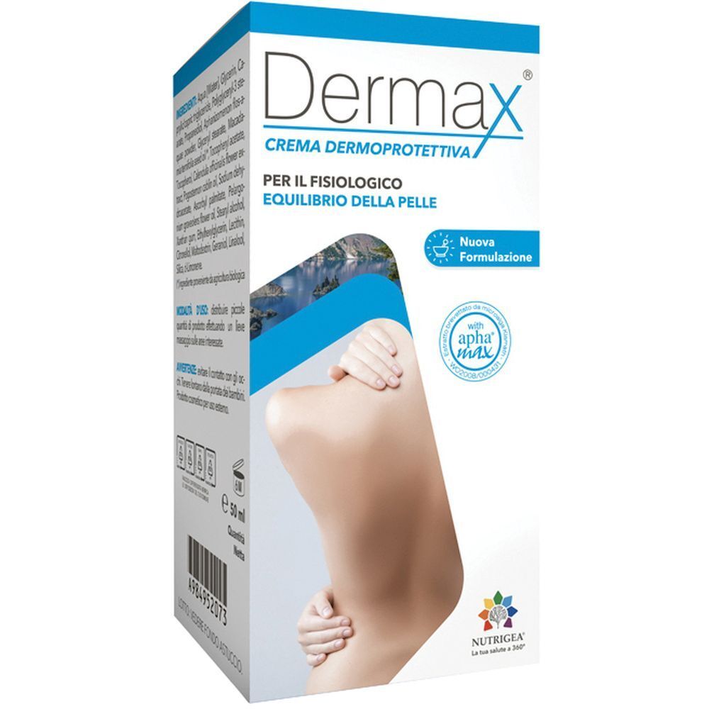 Scatola di crema Dermax. Confezione blu e bianca. Testo: Dermax, Crema Dermoprotettiva, Nutrigea.