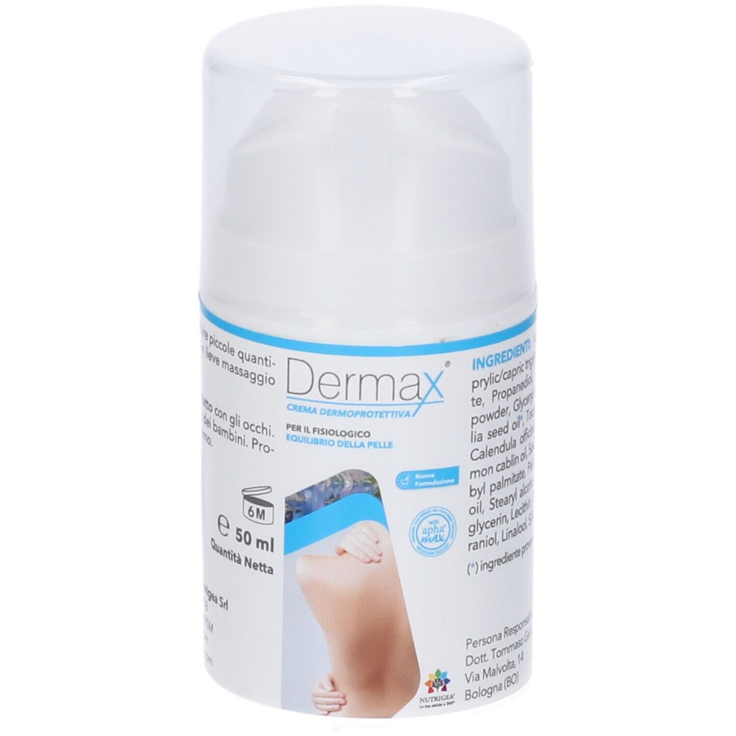 Flacone bianco di crema Dermax. Testo: Dermax, Crema Dermoprotettiva, 50 ml. Con ingredienti.