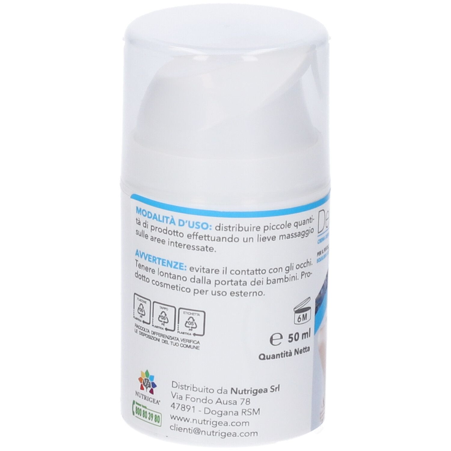 Flacone bianco di crema Dermax. Testo: Modalità d'uso, Avvertenze, 50 ml. Logo Nutrigea.