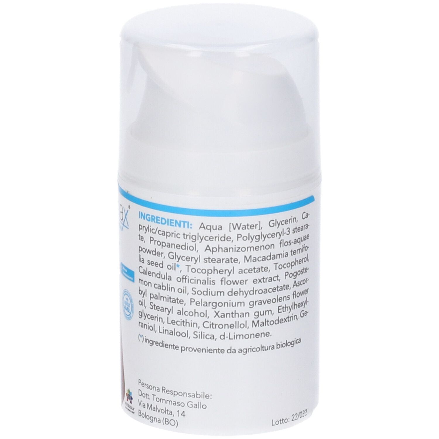 Flacone bianco di crema Dermax. Testo: Ingredienti, 50 ml. Logo Nutrigea.