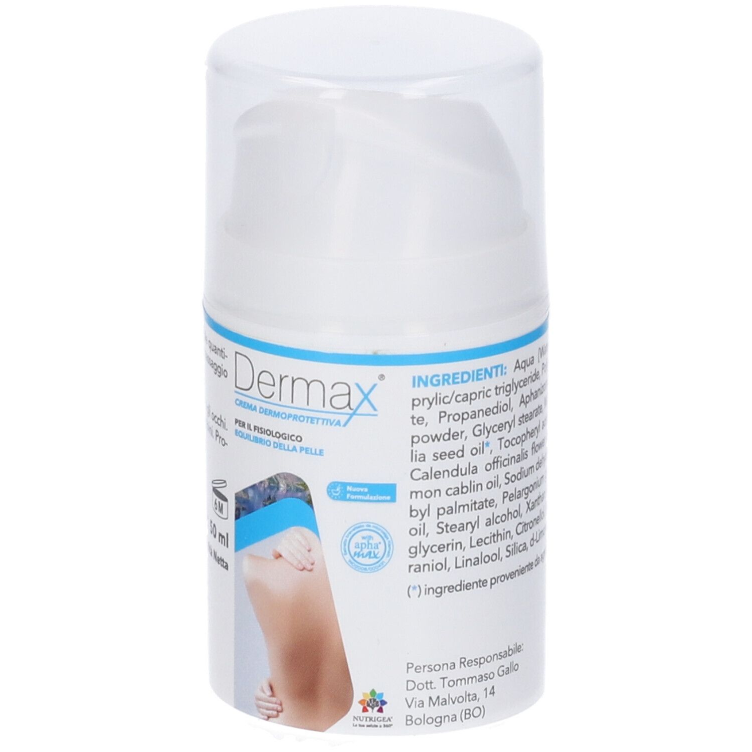 Flacone bianco di crema Dermax. Testo: Dermax, Crema Dermoprotettiva, 50 ml. Con ingredienti.