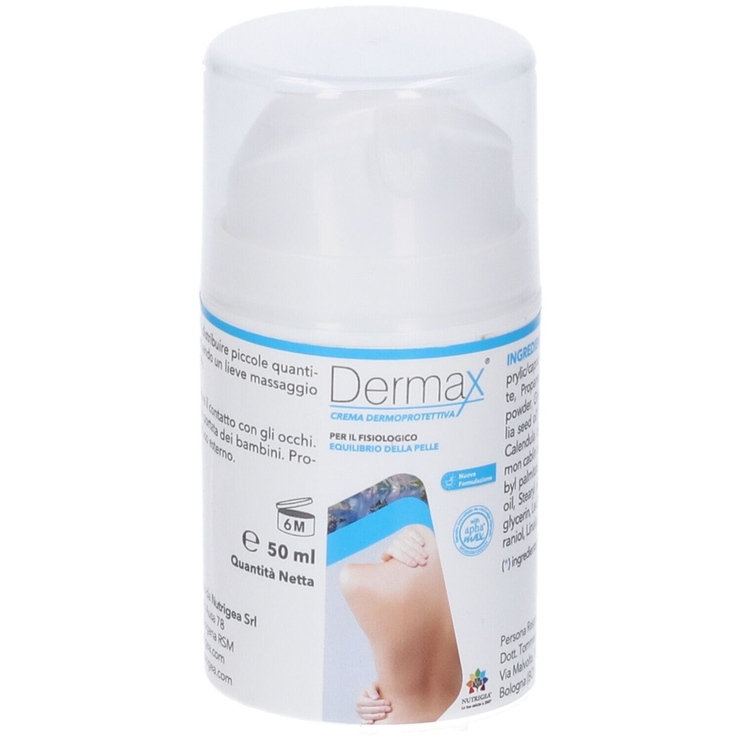 Flacone bianco di crema Dermax. Testo: Dermax, Crema Dermoprotettiva, 50 ml. Con ingredienti.
