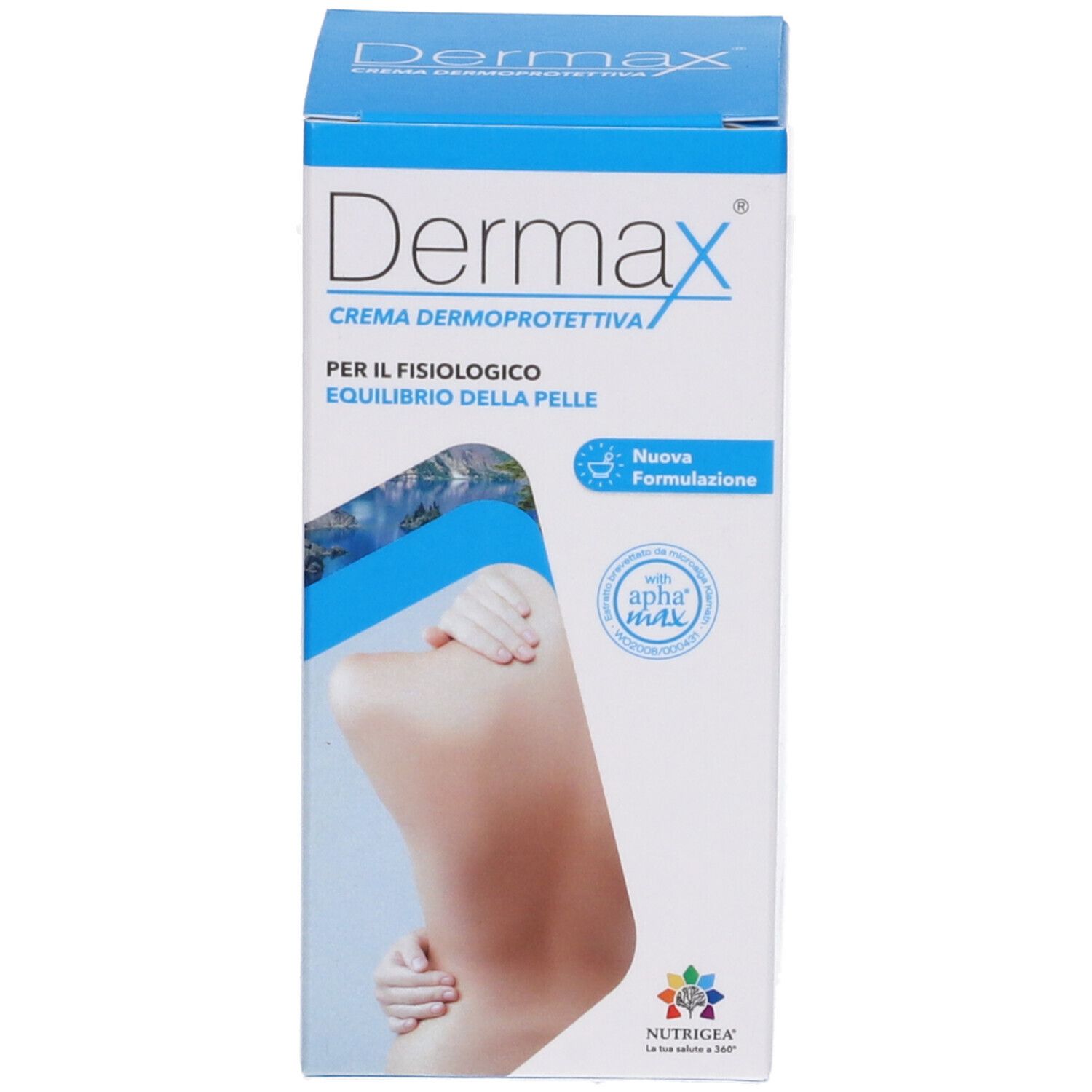 Scatola di crema Dermax. Confezione blu e bianca. Testo: Dermax, Crema Dermoprotettiva, Nutrigea.