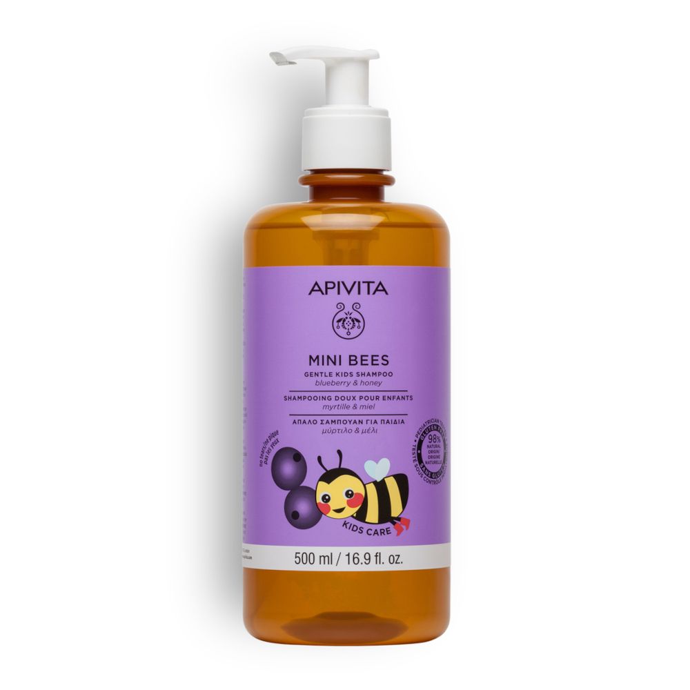 APIVITA Mini Bees Shampoo. Flacone con dosatore. Etichetta viola con nome, illustrazione e dettagli.