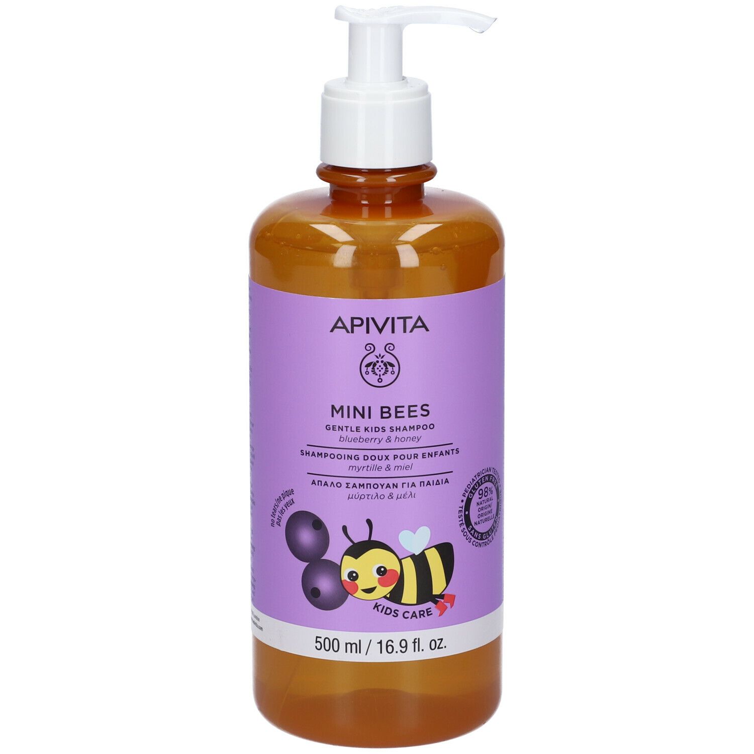 APIVITA Mini Bees Shampoo. Flacone con dosatore. Etichetta viola con nome, illustrazione e dettagli.