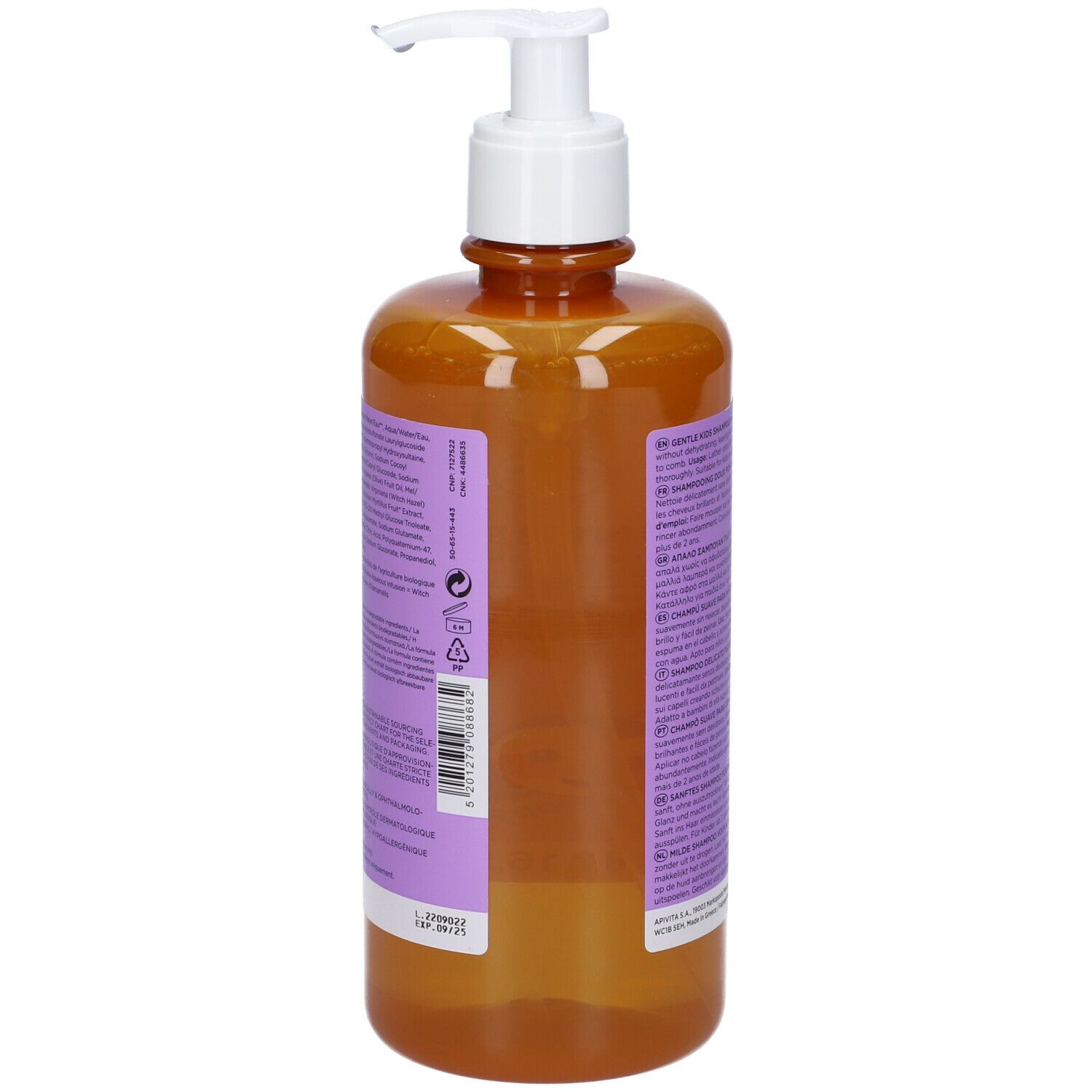 Retro del flacone APIVITA Mini Bees Shampoo. Testo multilingue. Ingredienti e informazioni produttore.