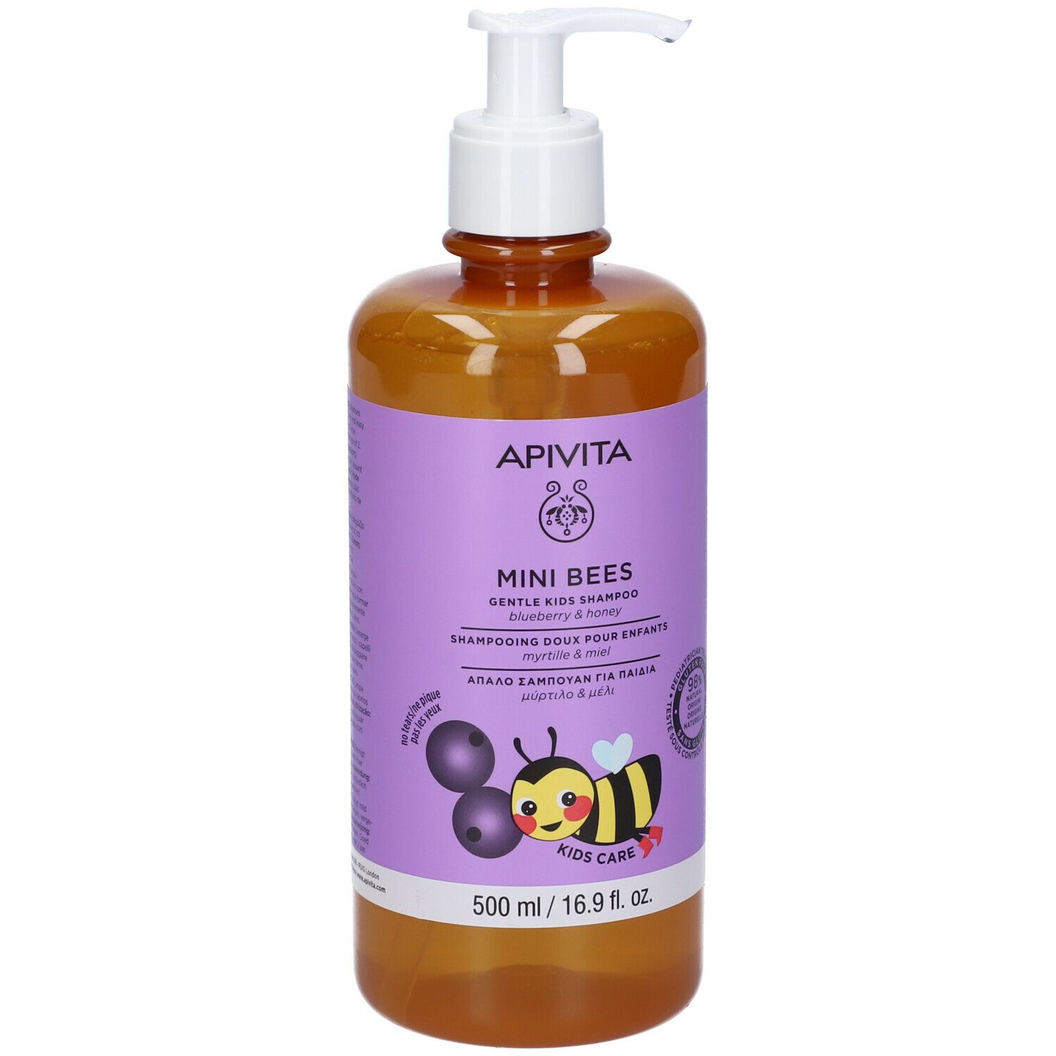 APIVITA Mini Bees Shampoo. Flacone con dosatore. Etichetta viola con nome, illustrazione e dettagli.