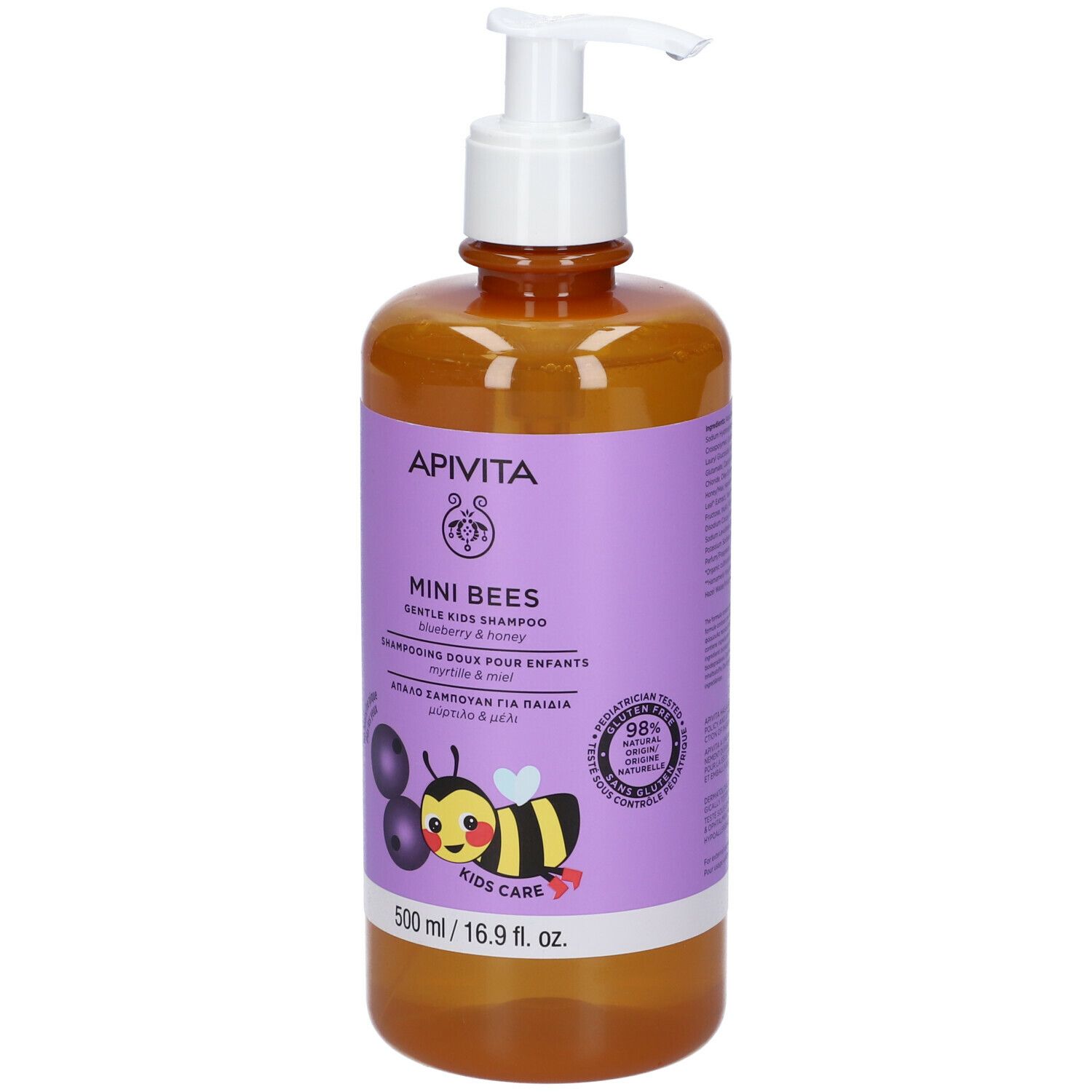 APIVITA Mini Bees Shampoo. Flacone con dosatore. Etichetta viola con nome, illustrazione e dettagli.