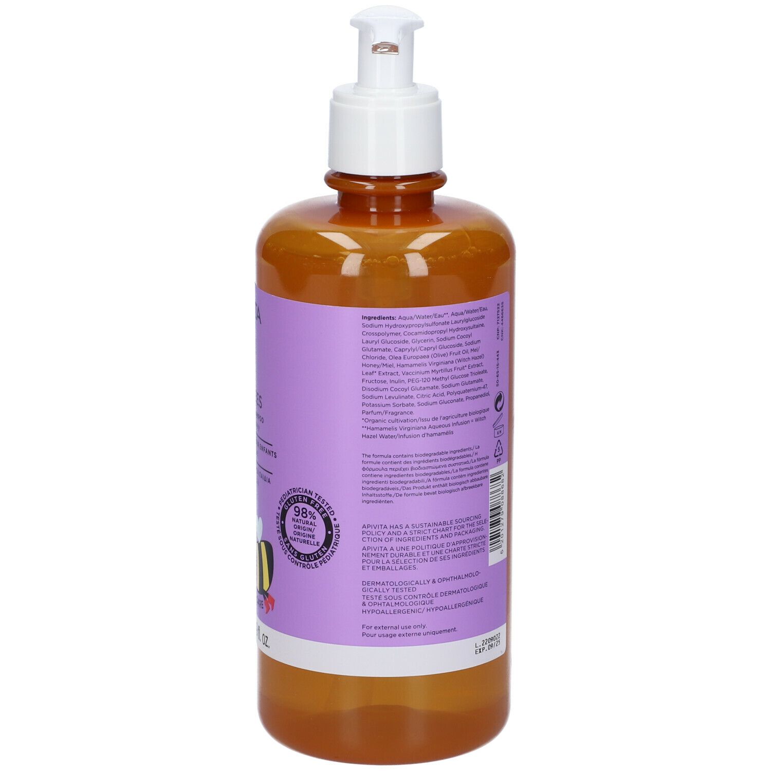 Retro del flacone APIVITA Mini Bees Shampoo. Testo multilingue. Ingredienti e informazioni produttore.