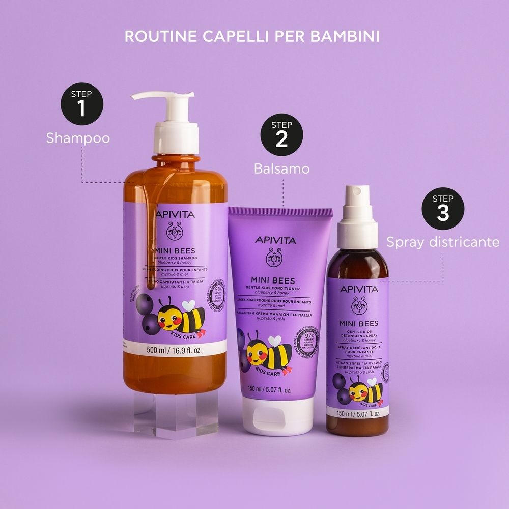APIVITA Mini Bees Shampoo, balsamo e spray. Confezione viola. Nomi e illustrazioni. Routine per bambini.