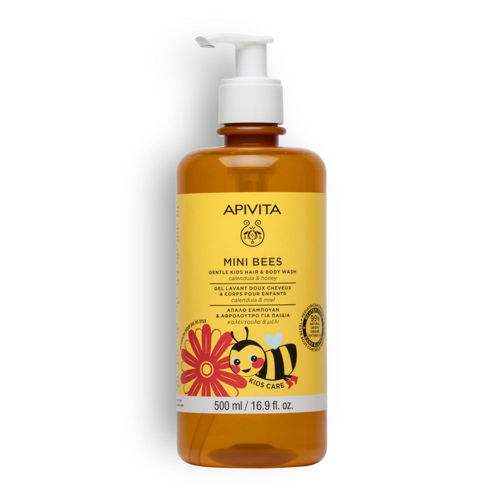 Gel delicato per bambini, flacone con dosatore. Etichetta gialla con nome prodotto, ape e testo. 500 ml.