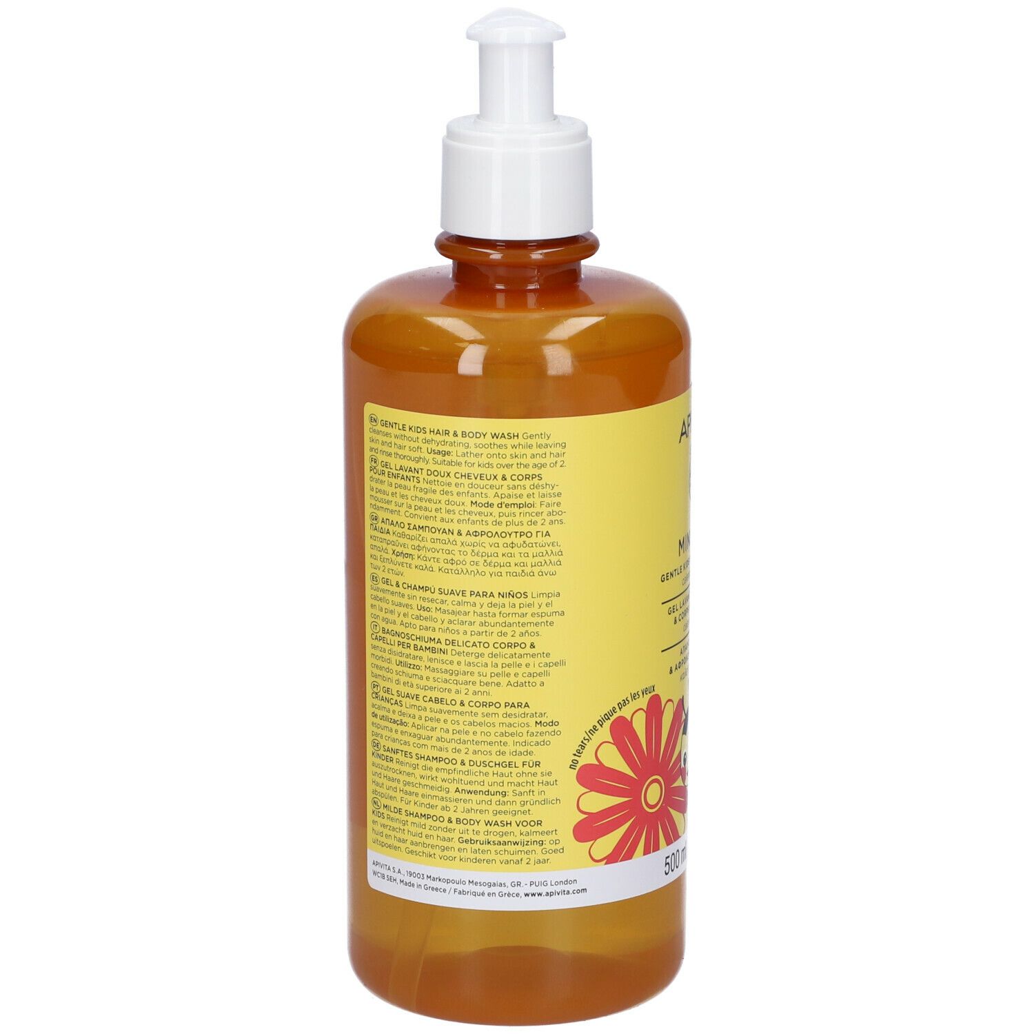 Gel delicato per bambini, flacone con dosatore. Etichetta gialla con nome prodotto, ape e testo. 500 ml.