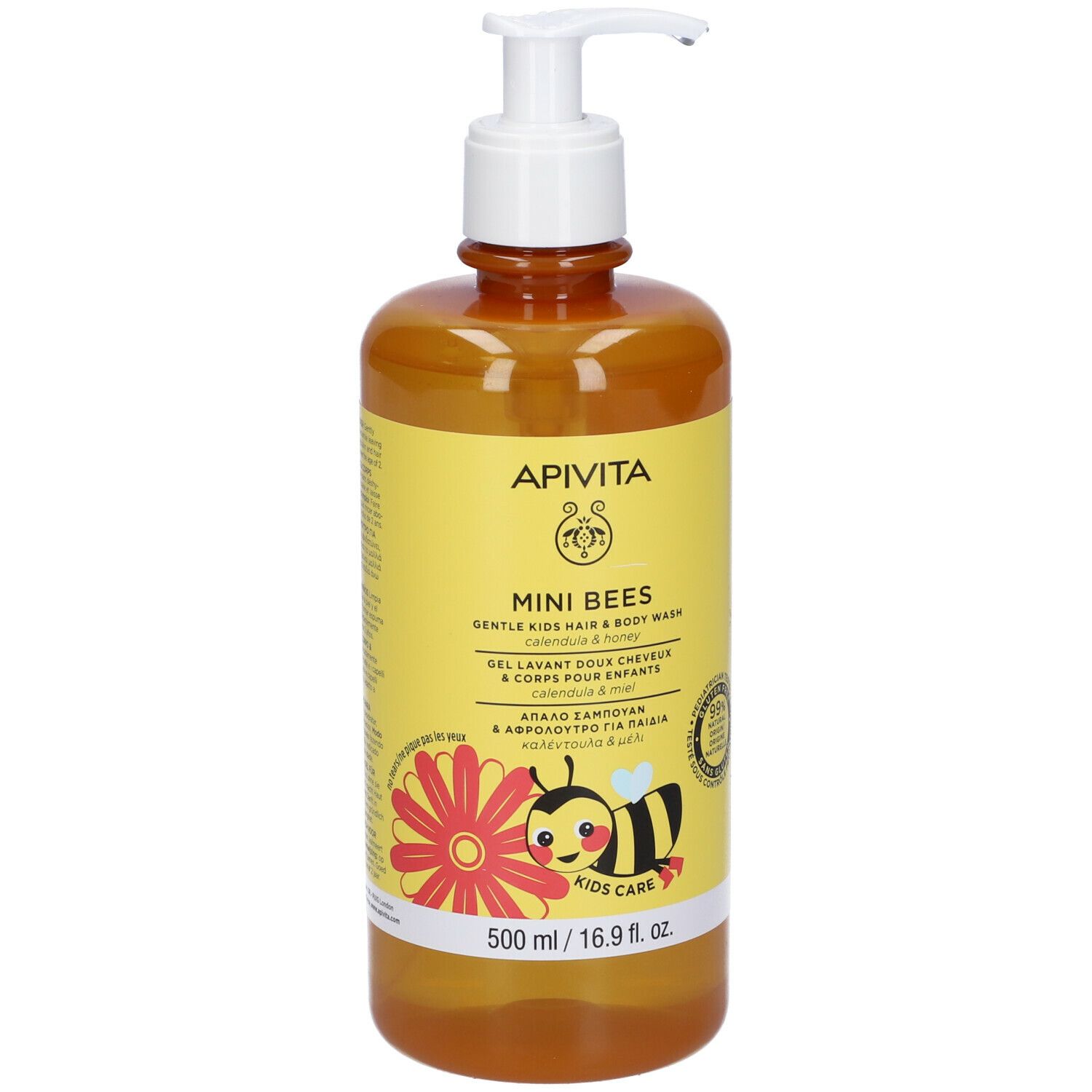 Gel delicato per bambini, flacone con dosatore. Etichetta gialla con nome prodotto, ape e testo. 500 ml.