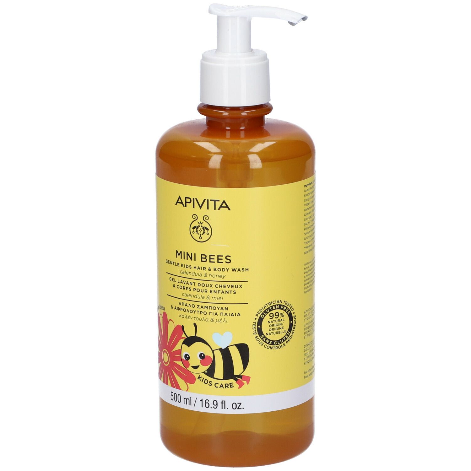 Gel delicato per bambini, flacone con dosatore. Etichetta gialla con nome prodotto, ape e testo. 500 ml.