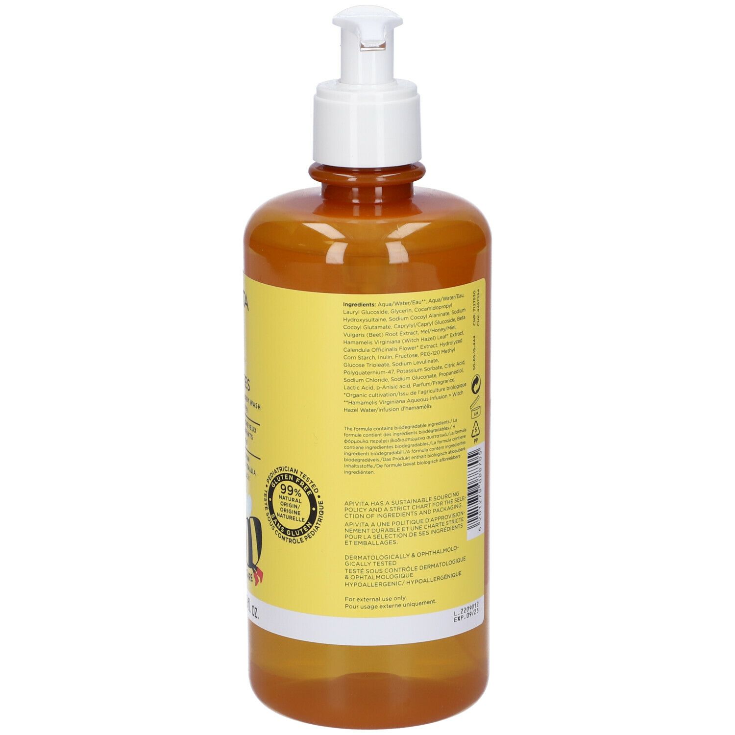 Retro del flacone. Testo multilingue. 500 ml. Etichetta gialla con nome prodotto, ape e testo.