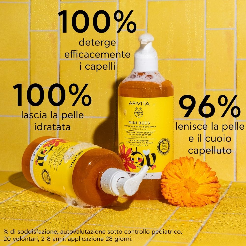Gel delicato per bambini, flacone con dosatore. Etichetta gialla con nome prodotto, ape e testo. 500 ml.