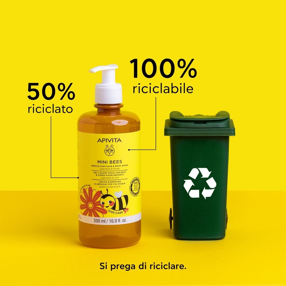 Retro del flacone. Testo multilingue. 500 ml. Etichetta gialla con nome prodotto, ape e testo.
