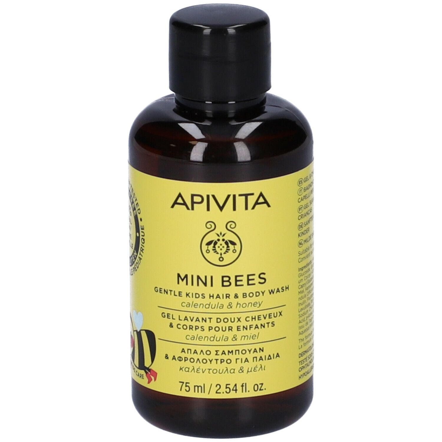 Flacone marrone con etichetta gialla. Scritta: APIVITA, Mini Bees, gel delicato capelli e corpo per bambini. 75 ml.