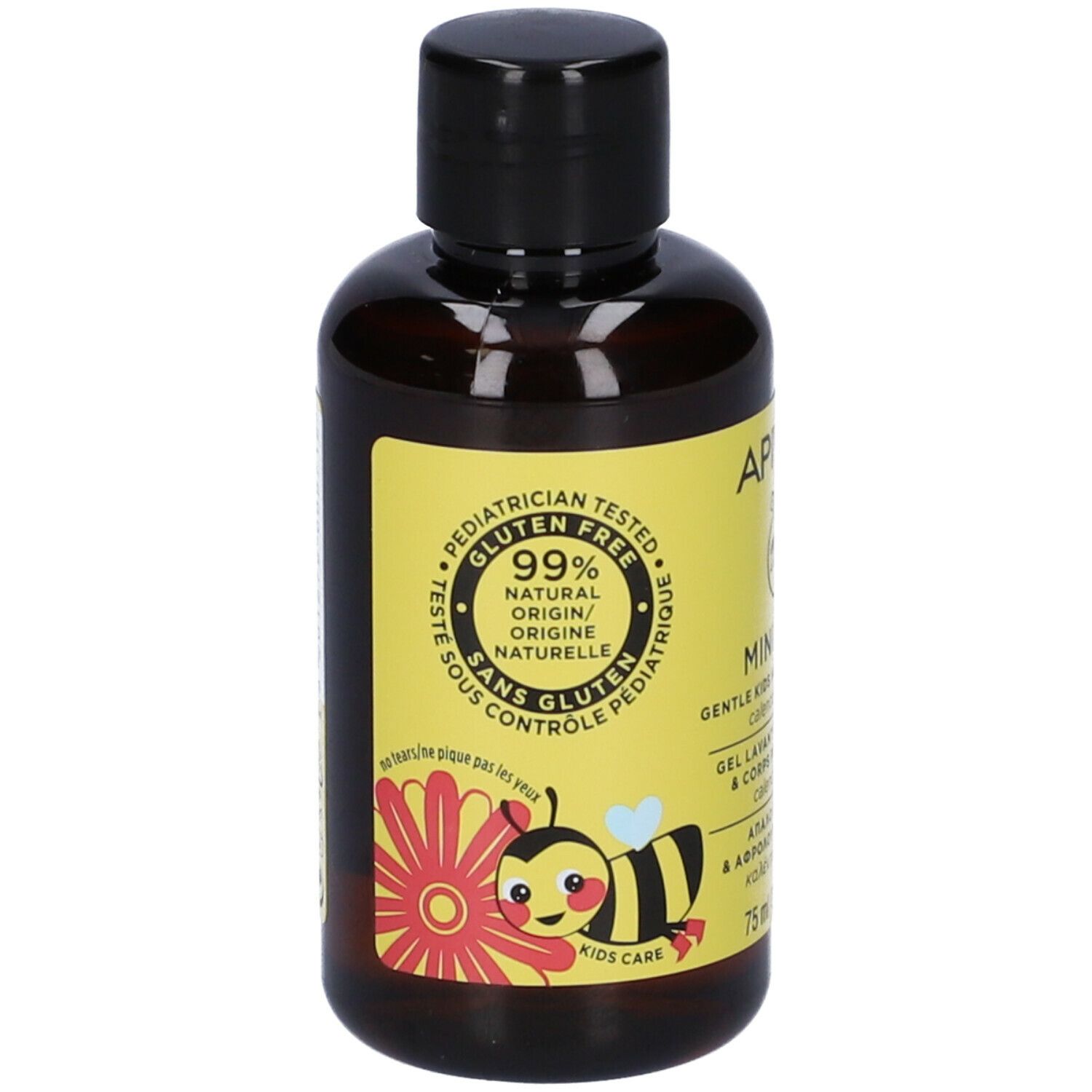 Flacone marrone con etichetta gialla. Scritta: 99% origine naturale, senza glutine. Immagine di un'ape e un fiore.