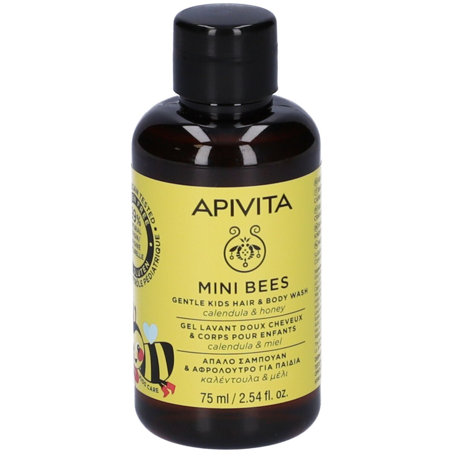 Flacone marrone con etichetta gialla. Scritta: APIVITA, Mini Bees, gel delicato capelli e corpo per bambini. 75 ml.