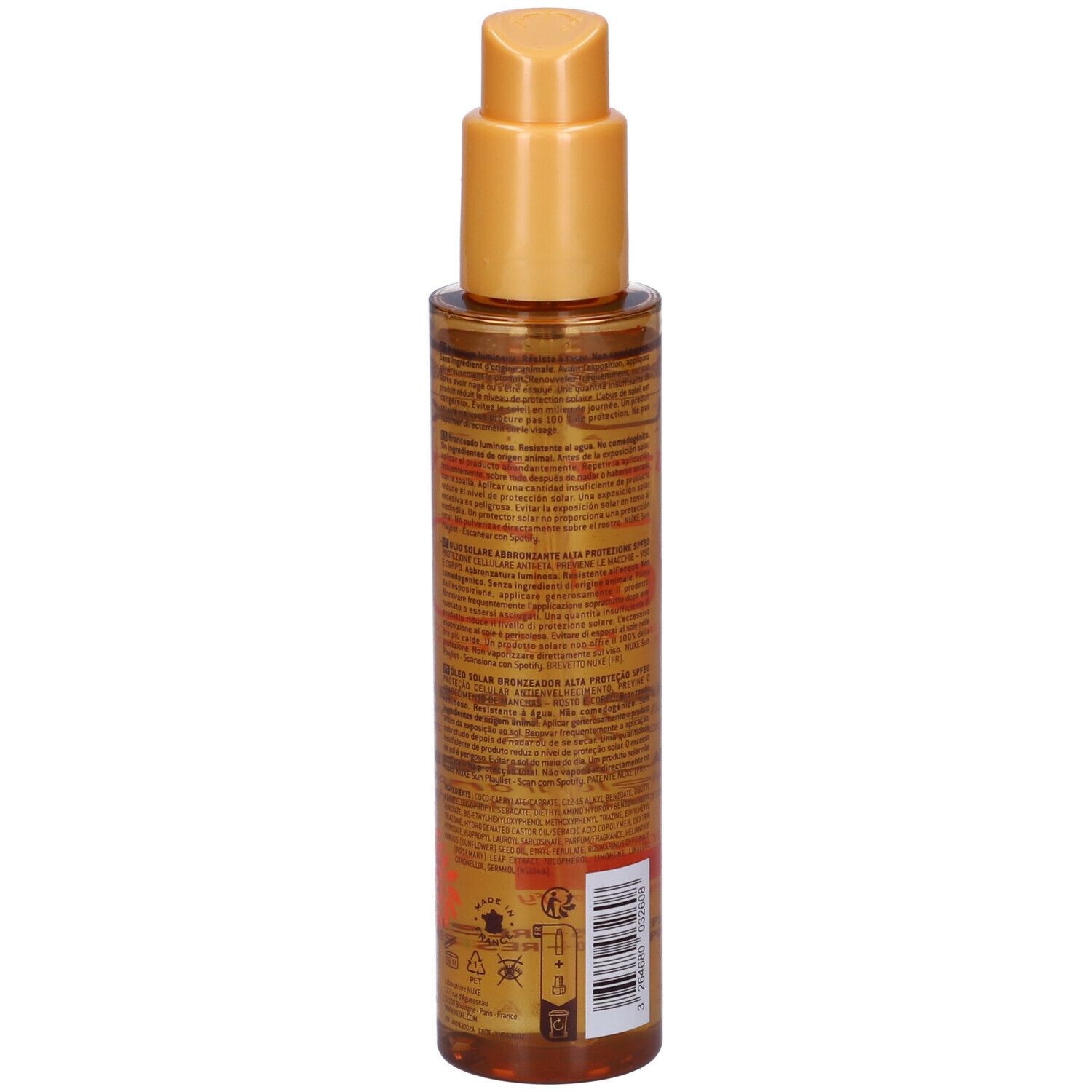 Retro del flacone Nuxe Olio Solare Abbronzante SPF50. Testo e codice a barre.