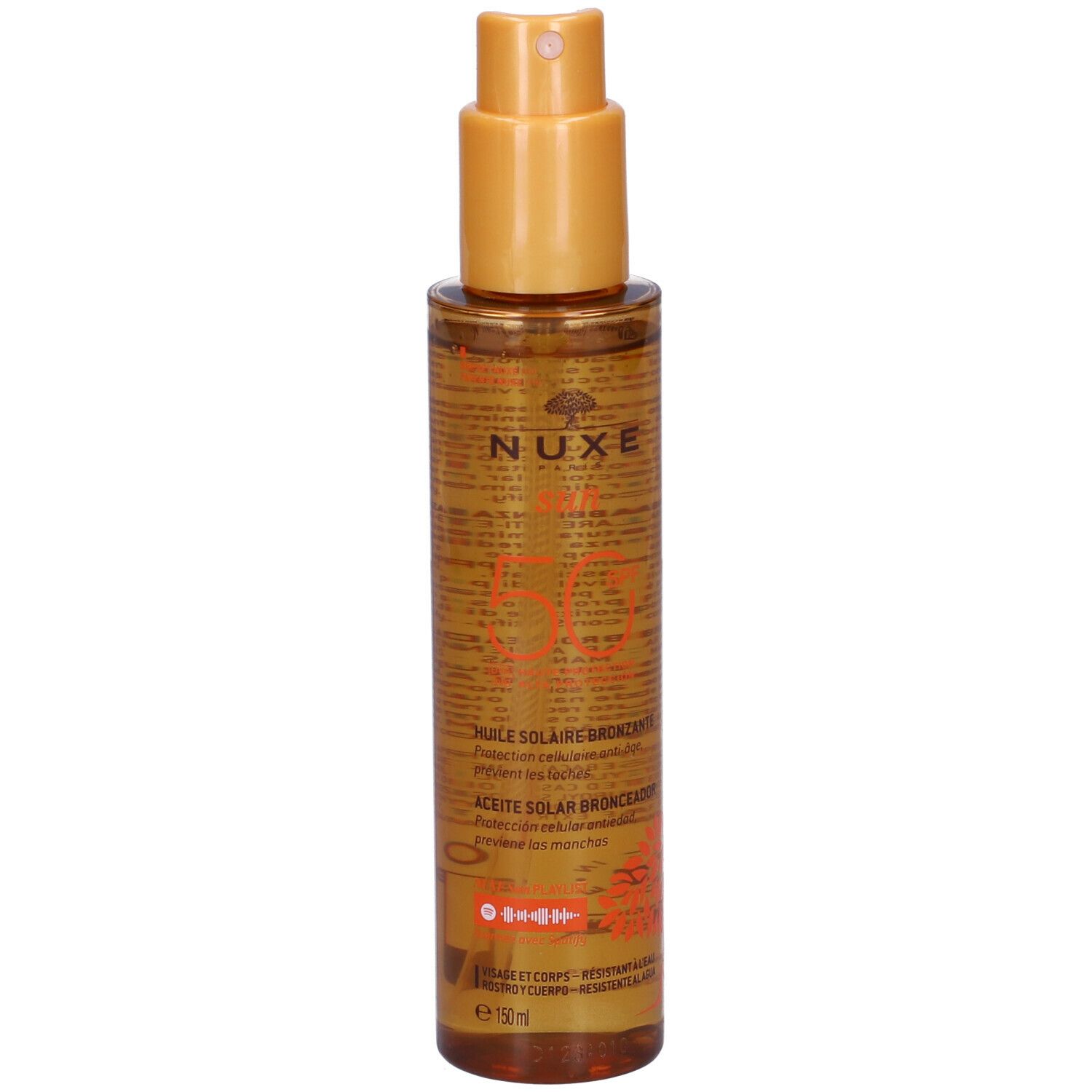 Flacone trasparente Nuxe Olio Solare Abbronzante SPF50 con erogatore spray. Scritte: Nuxe, SPF50, olio.