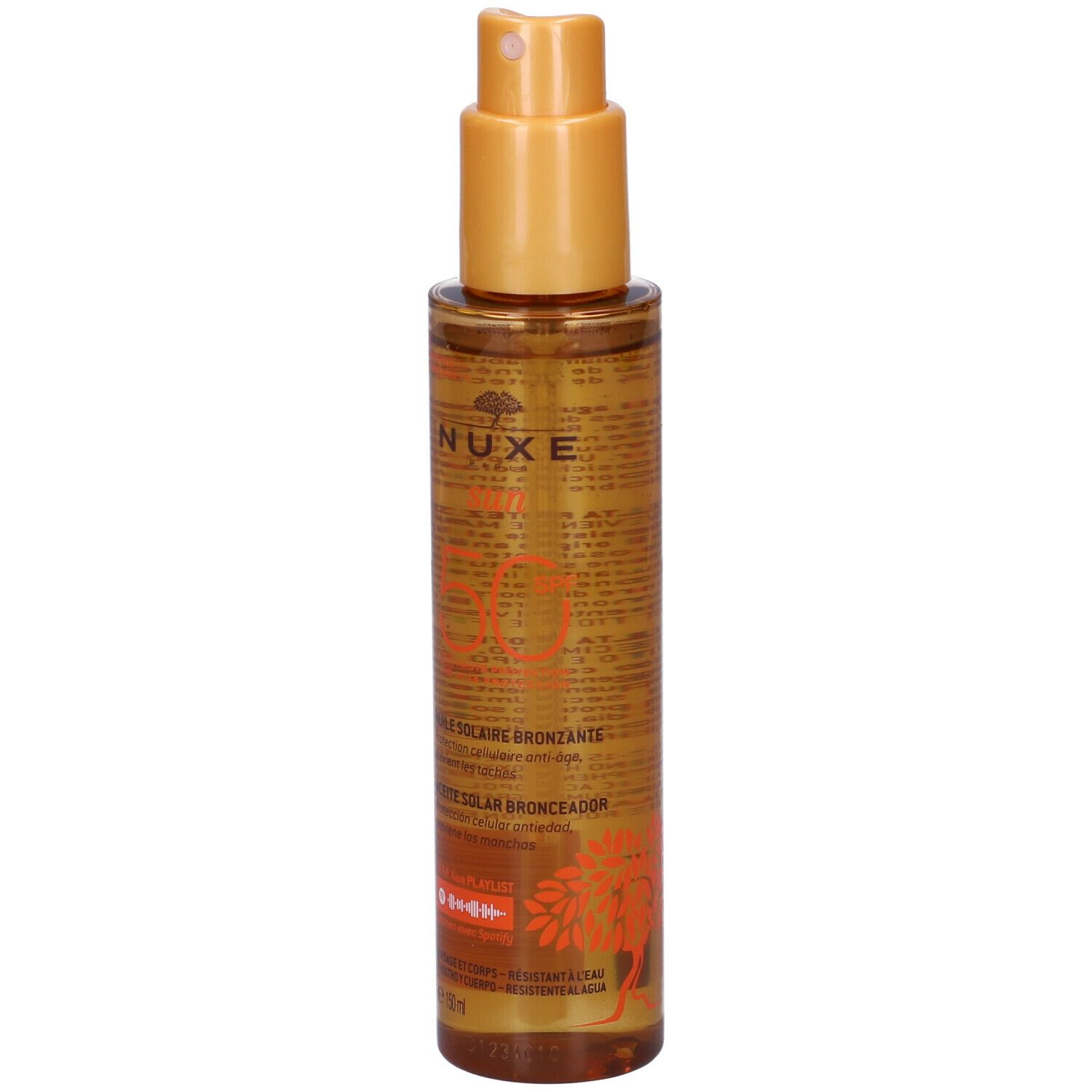 Flacone trasparente Nuxe Olio Solare Abbronzante SPF50 con erogatore spray. Scritte: Nuxe, SPF50, olio.