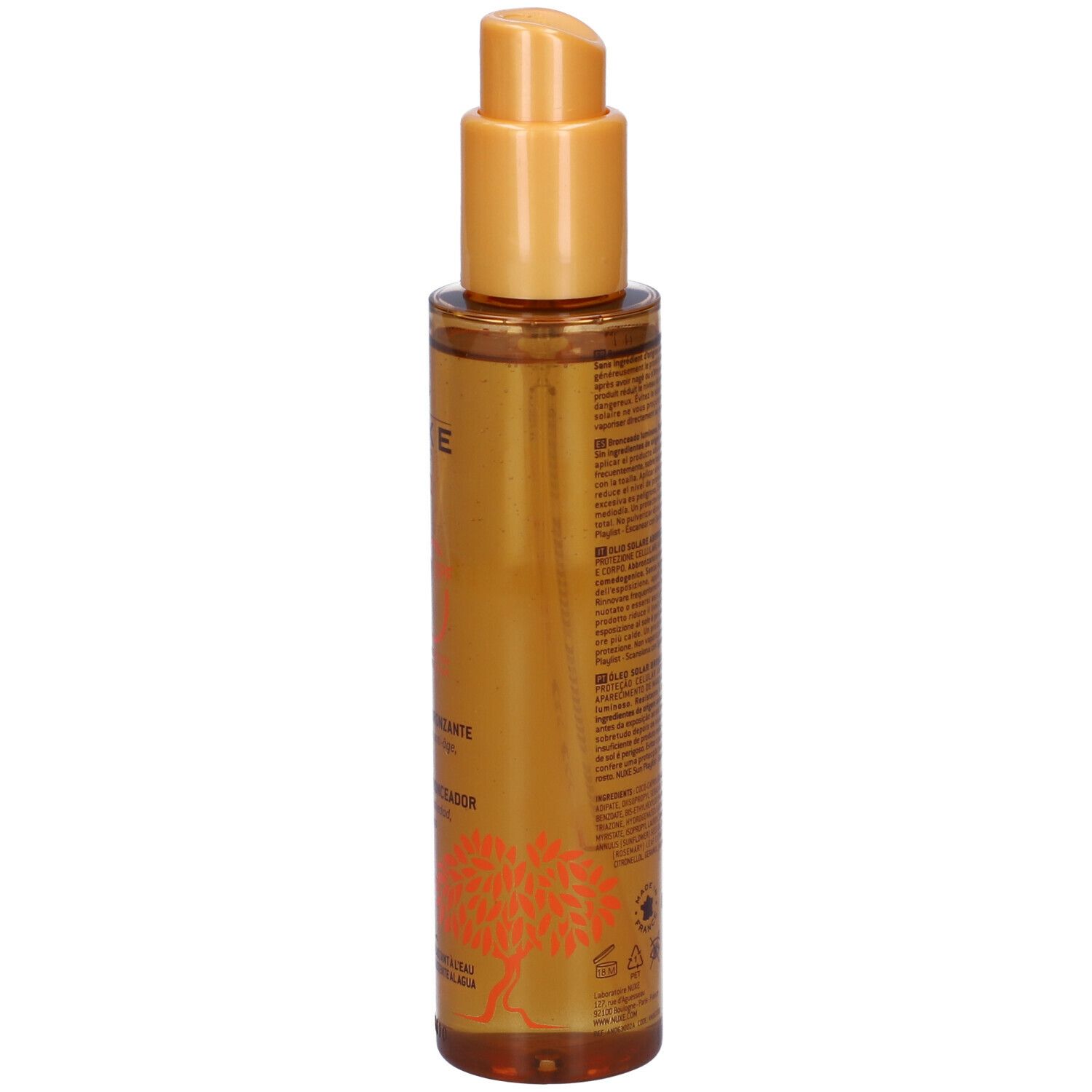 Flacone trasparente Nuxe Olio Solare Abbronzante SPF50 con erogatore spray, vista laterale.