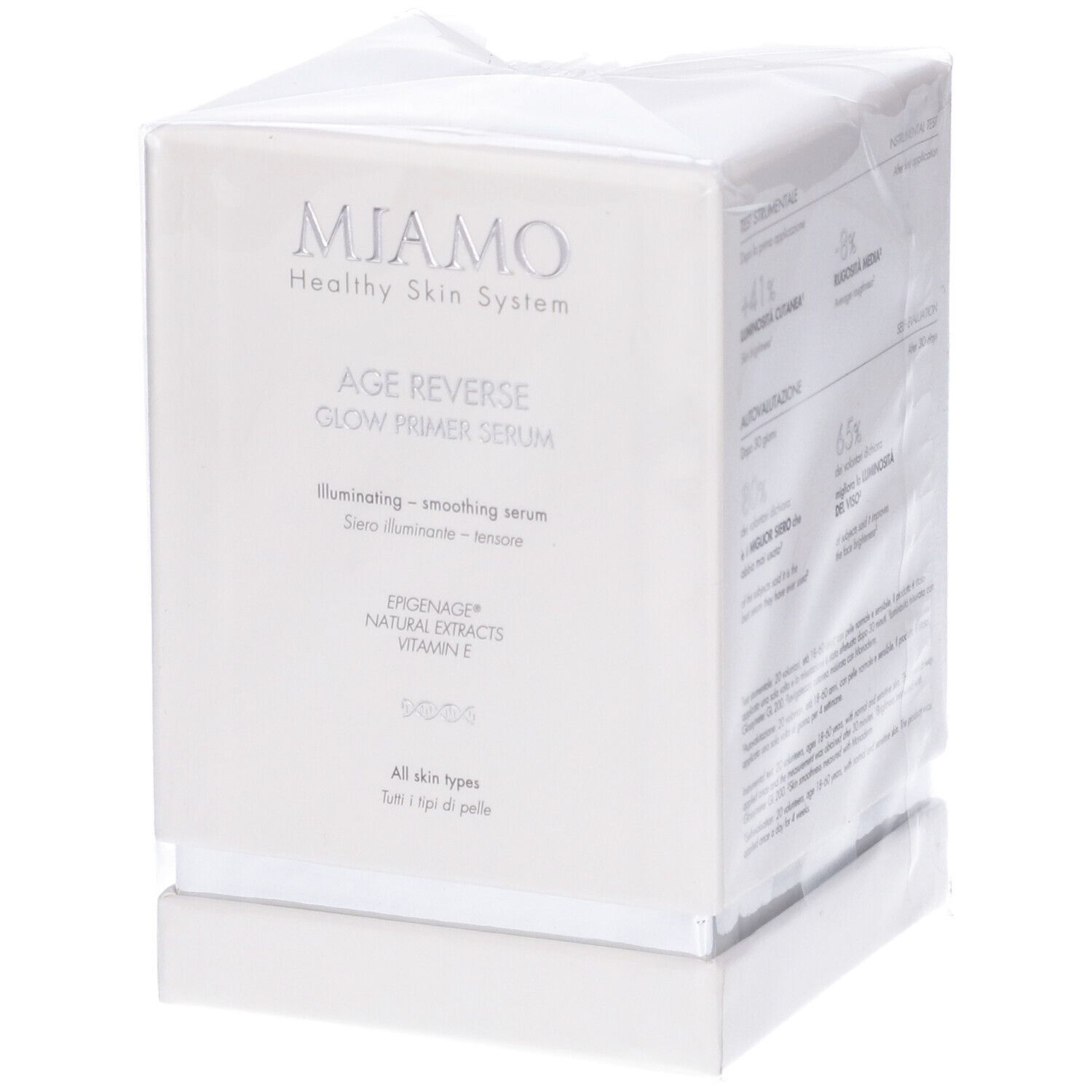 Confezione del prodotto. Scatola bianca con nome e logo del prodotto. Scritta: Miamo, Age Reverse Glow Primer Serum.