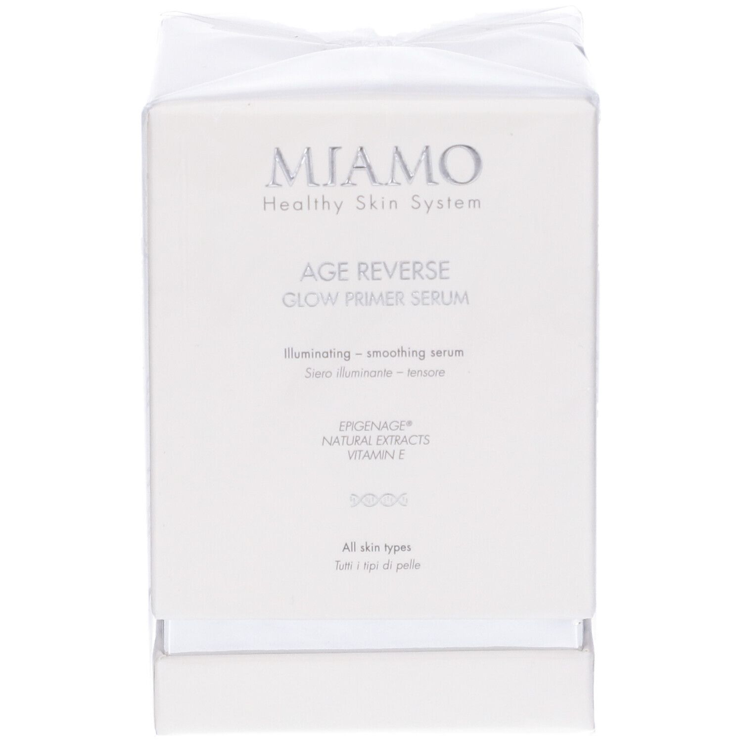 Fronte della confezione del prodotto. Scatola bianca con nome e logo del prodotto. Scritta: Miamo, Age Reverse Glow Primer Serum.