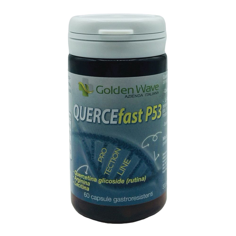 Flacone blu scuro con coperchio bianco. Scritta QUERCEfast P53. Contiene 60 capsule. Ingredienti: Quercetina, Arginina, Lecitina.