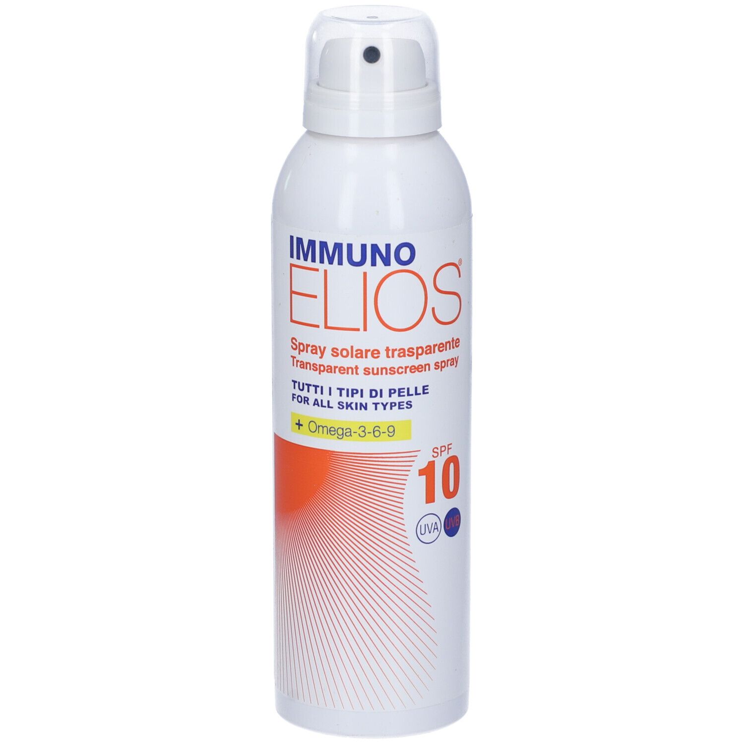 Spray bianco con scritta IMMUNO ELIOS, SPF 10. Striscia arancione e motivo a raggi rossi.