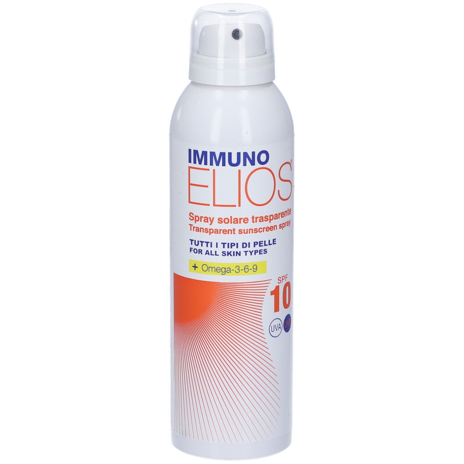 Spray bianco con scritta IMMUNO ELIOS, SPF 10. Striscia arancione e motivo a raggi rossi.