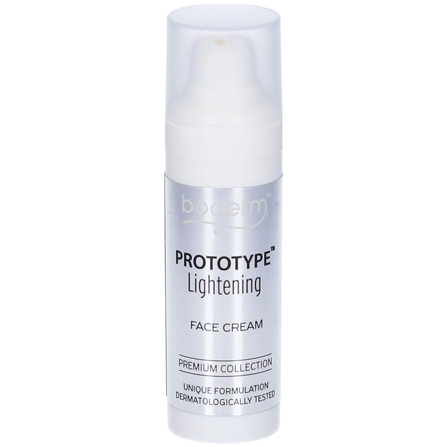 Flacone bianco "Prototype Lightening Face Cream". Tappo a pompa. Scritta "Premium Collection".