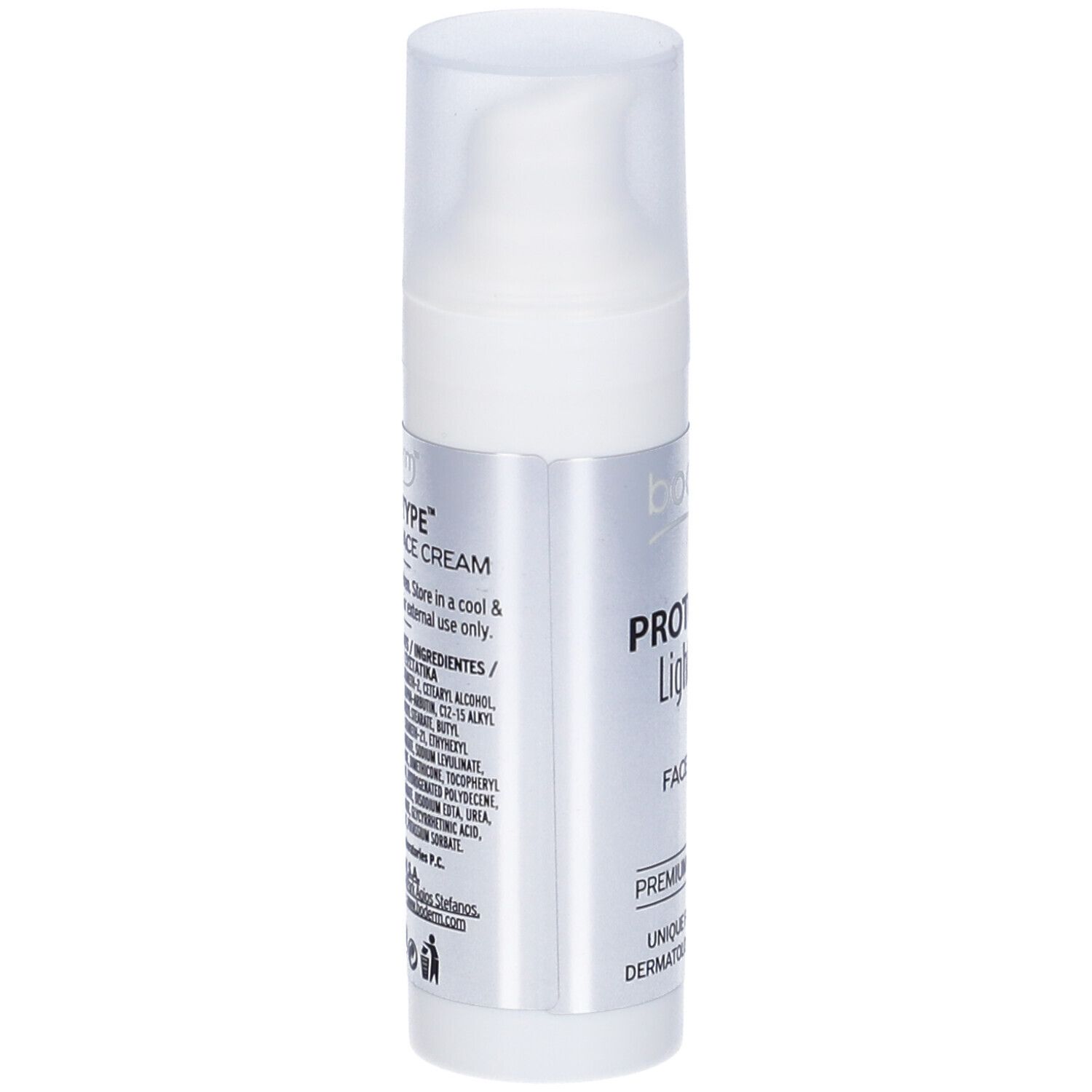 Flacone bianco "Prototype Lightening Face Cream". Retro con ingredienti e istruzioni per l'uso.