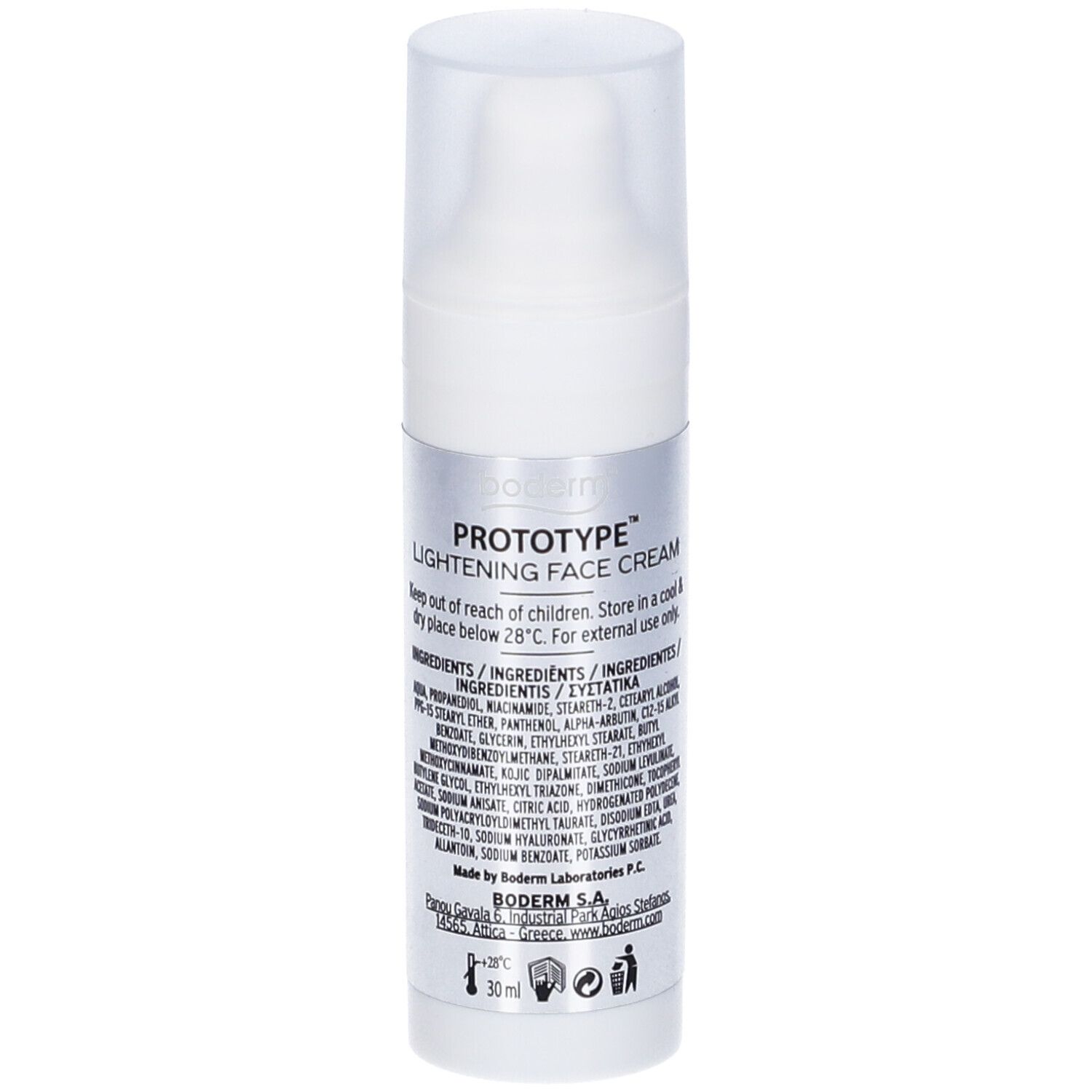 Flacone bianco "Prototype Lightening Face Cream". Retro con ingredienti e informazioni sul produttore.