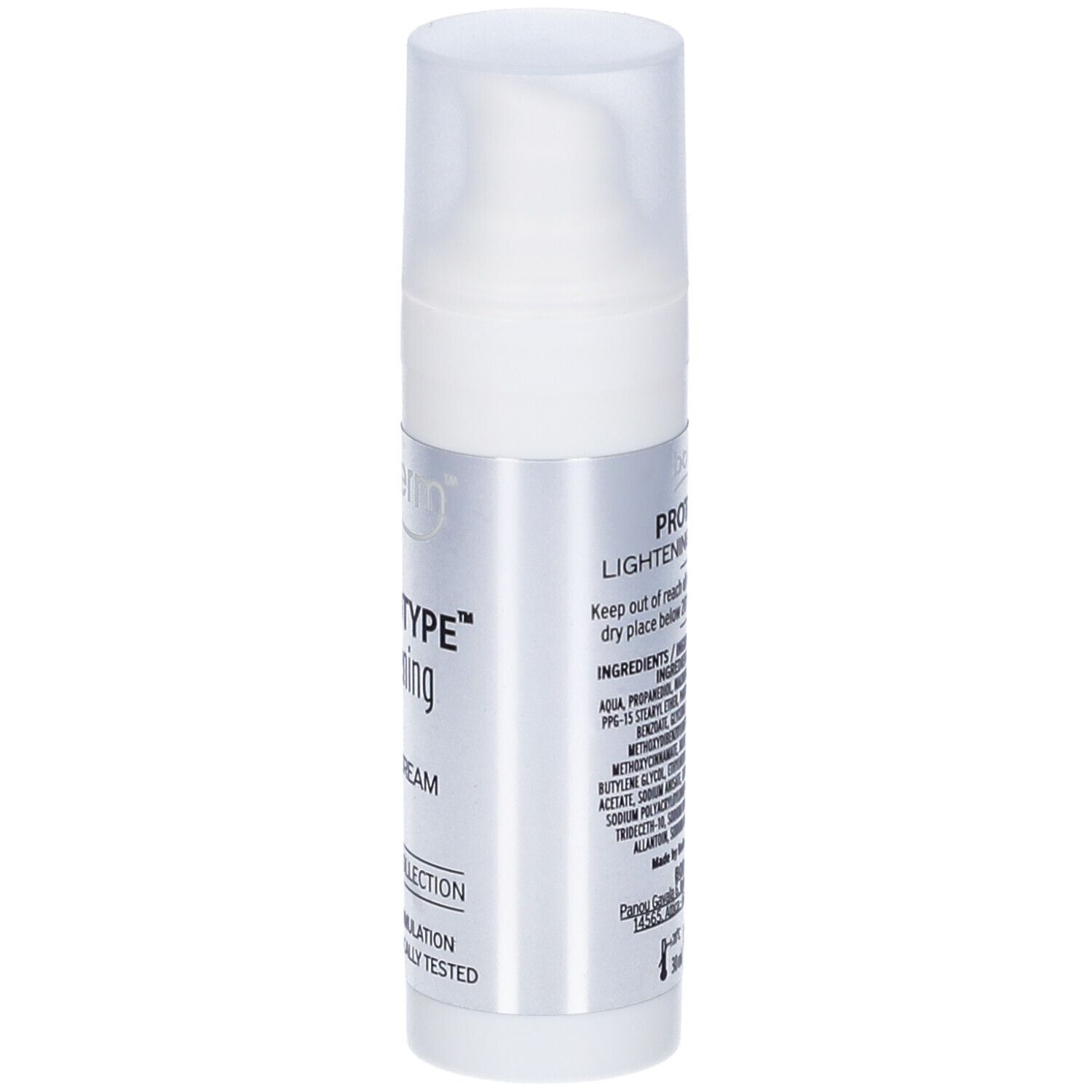 Flacone bianco "Prototype Lightening Face Cream". Retro con ingredienti e istruzioni per l'uso.