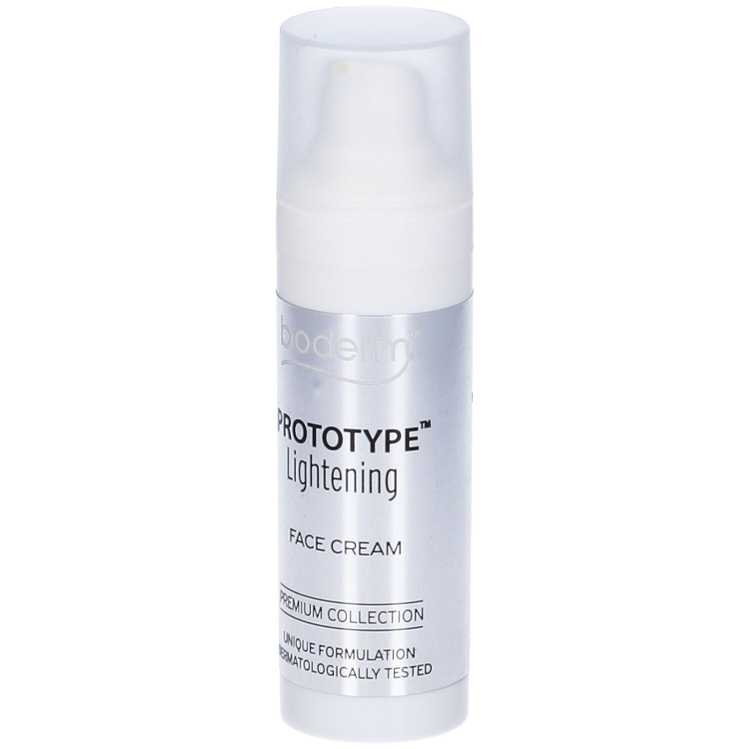 Flacone bianco "Prototype Lightening Face Cream". Tappo a pompa. Scritta "Premium Collection".