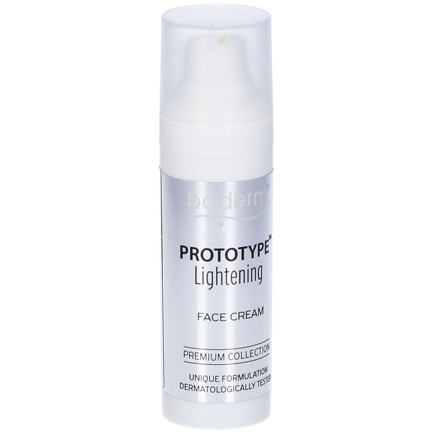 Flacone bianco "Prototype Lightening Face Cream". Tappo a pompa. Scritta "Premium Collection".