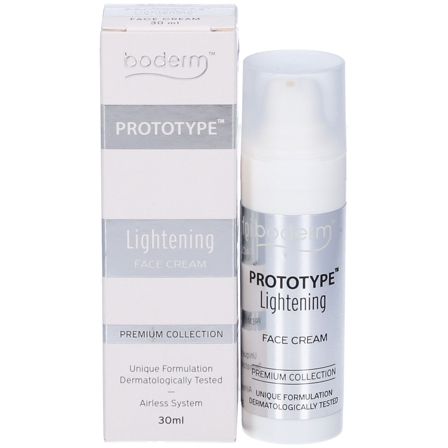 Prodotto e confezione. Flacone e scatola bianchi "Prototype Lightening Face Cream". Scritta "30ml".