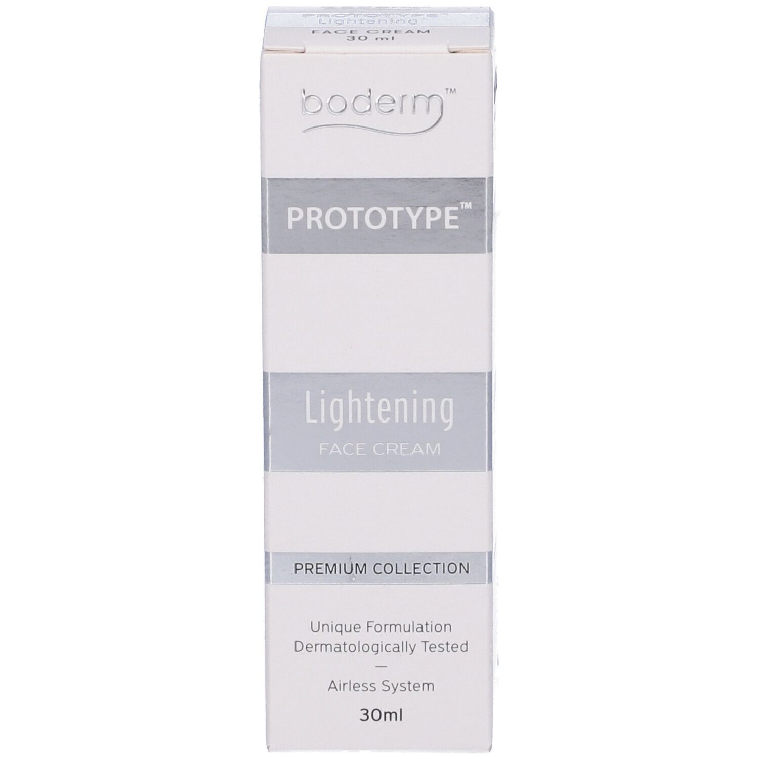 Scatola bianca "Prototype Lightening Face Cream". Scritta "30ml". Testo "Airless System".