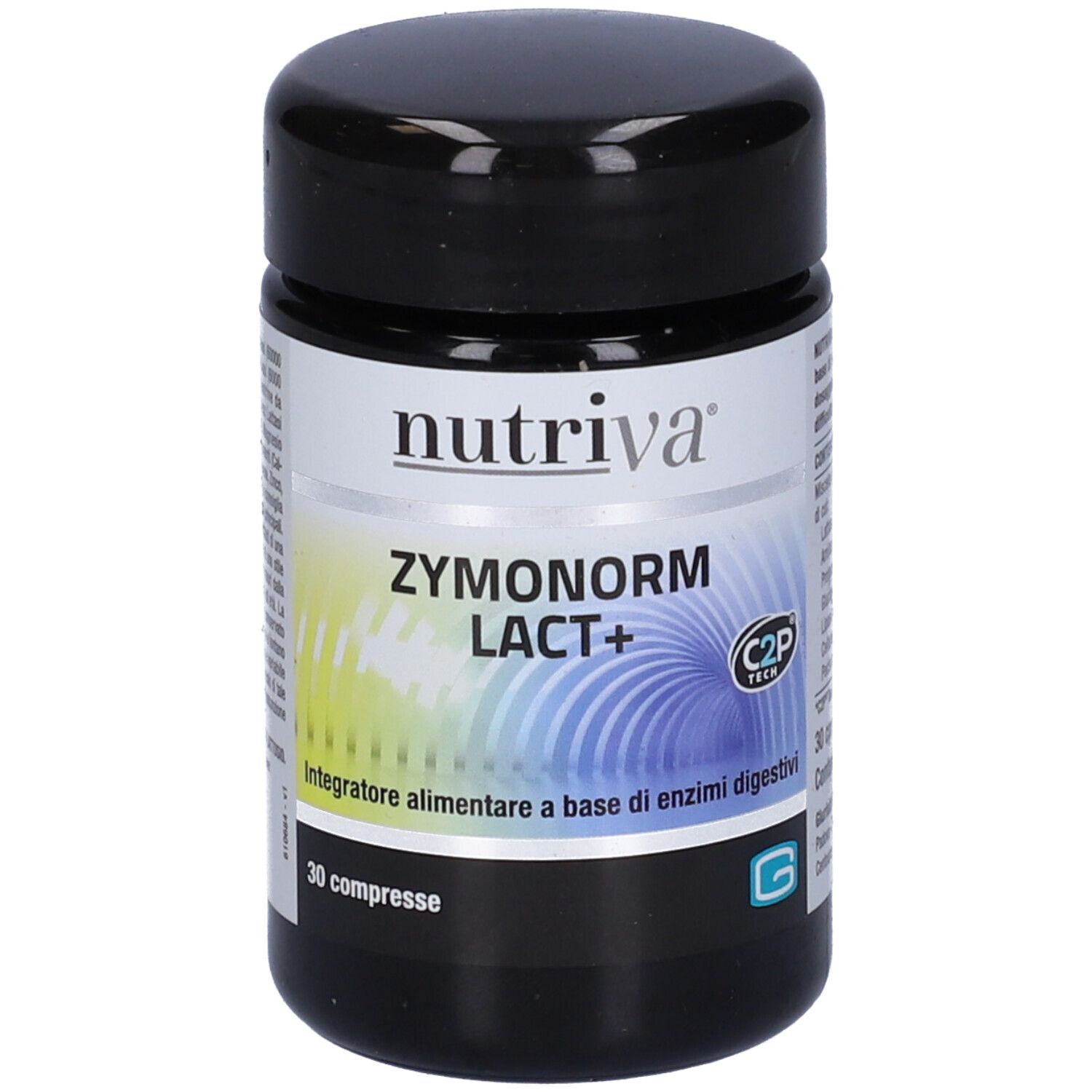 Barattolo nero con etichetta bianca. Scritta: Nutriva Zymonorm Lact+. 30 compresse. Integratore alimentare.