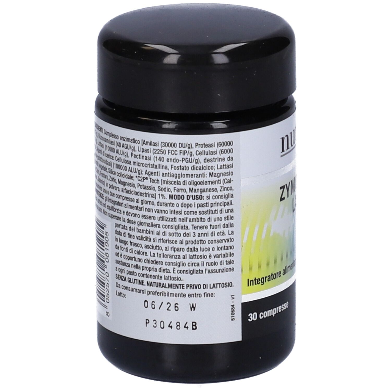 Retro del barattolo nero. Contiene informazioni su ingredienti, uso e durata. 30 compresse.